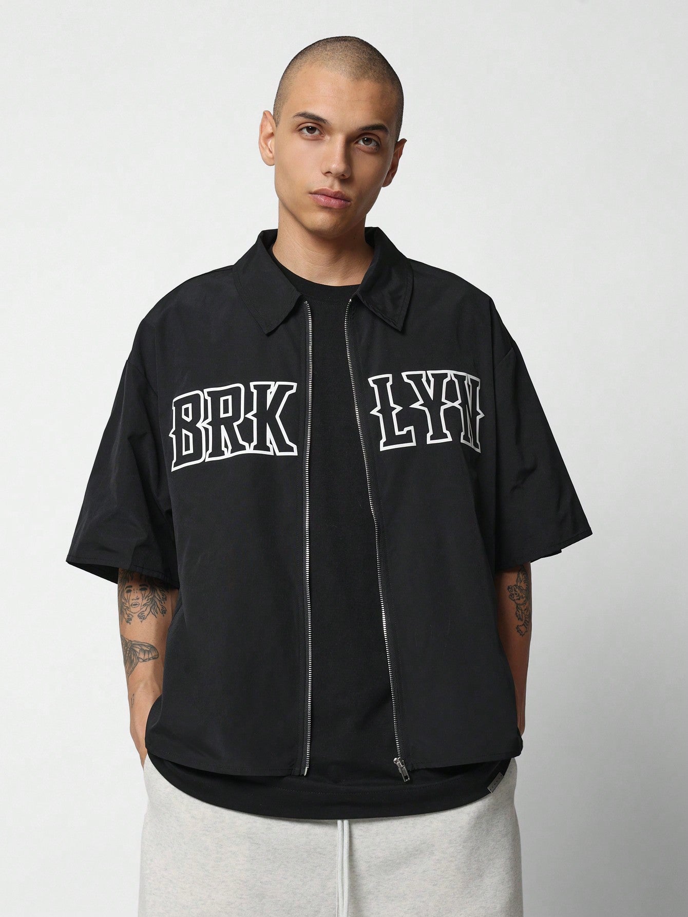 Boxy Fit Zip-Up Revere Brklyn Graphic Print Shirt