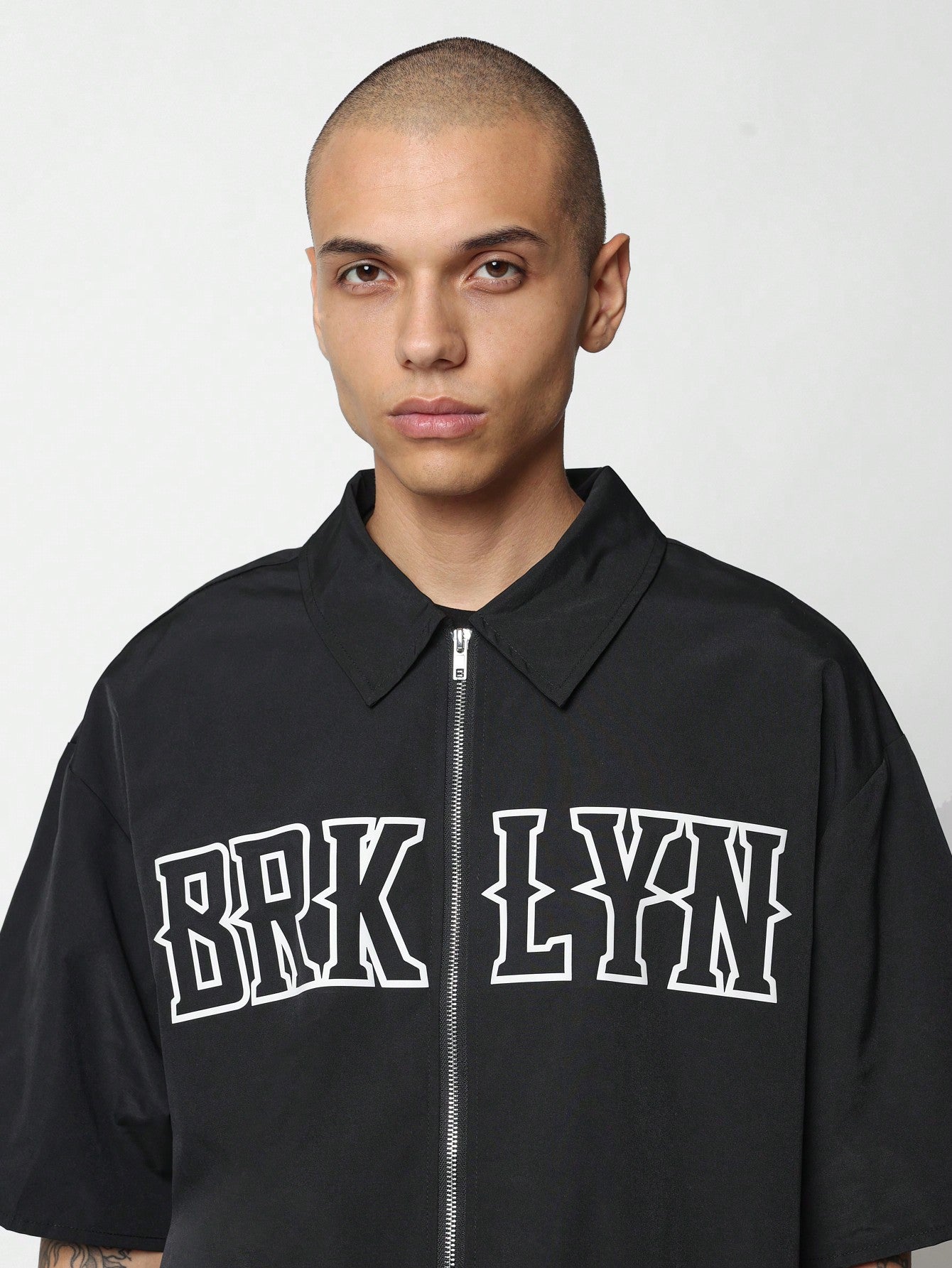 Boxy Fit Zip-Up Revere Brklyn Graphic Print Shirt