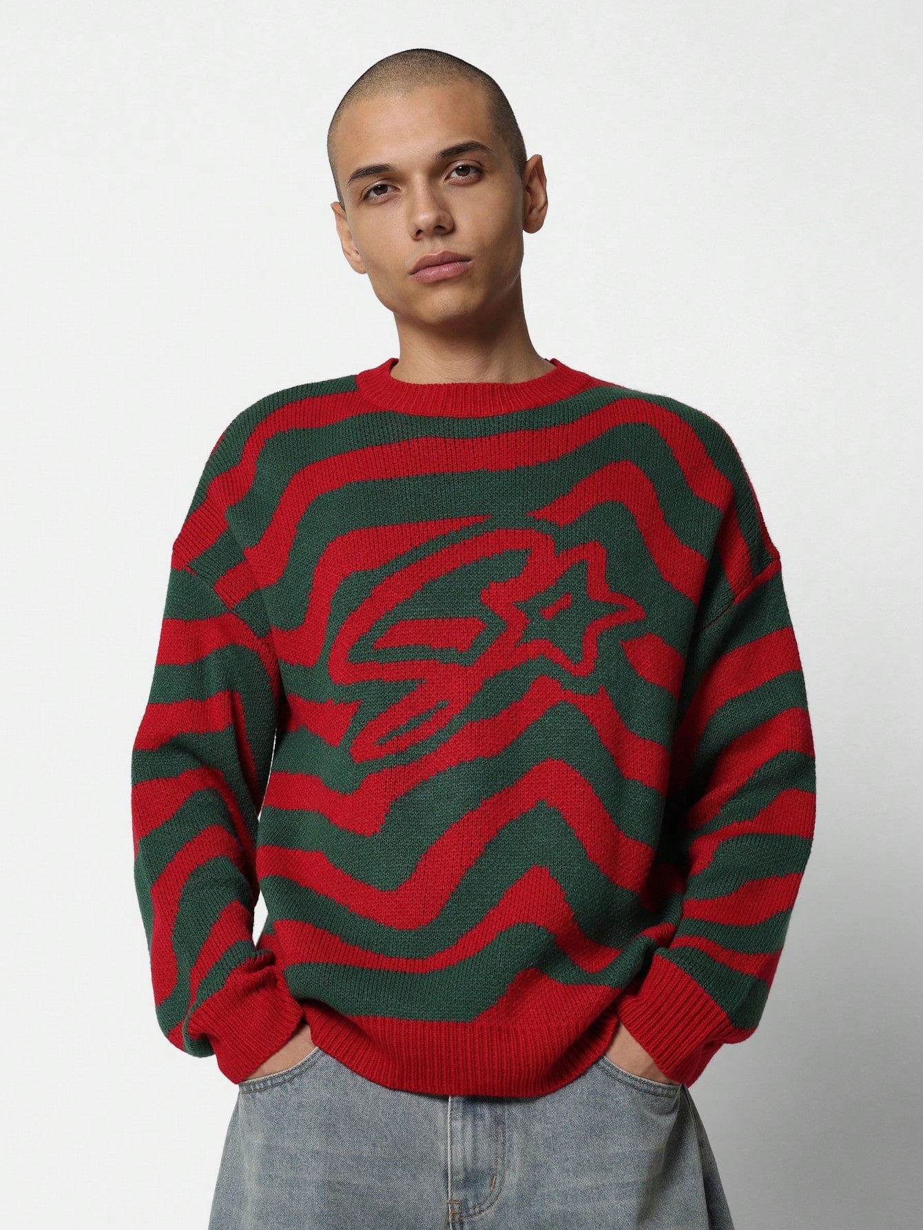 Regular Fit Swirl Printer Knit Crew Neck Sweater - Christmas Edition