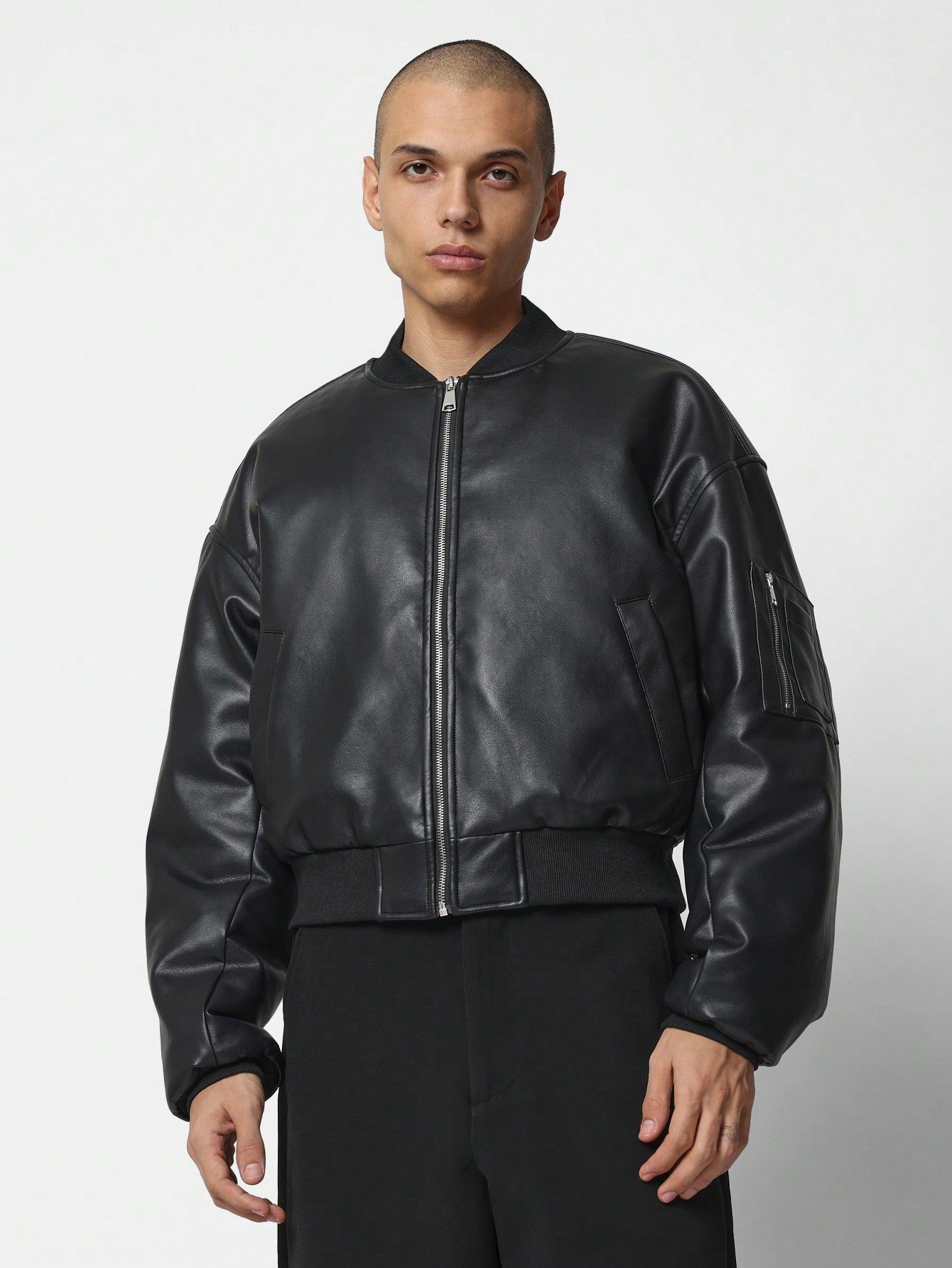 Regular Fit PU Cropped Bomber Jacket With Sleeve Zip Pocket