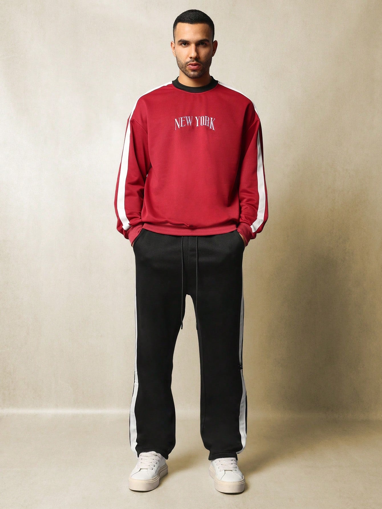 Regular Fit Colour Block Panel Sweatshirt With Embroidery And Drop Crotch Sweatpants With Colour Block 2 Piece Set