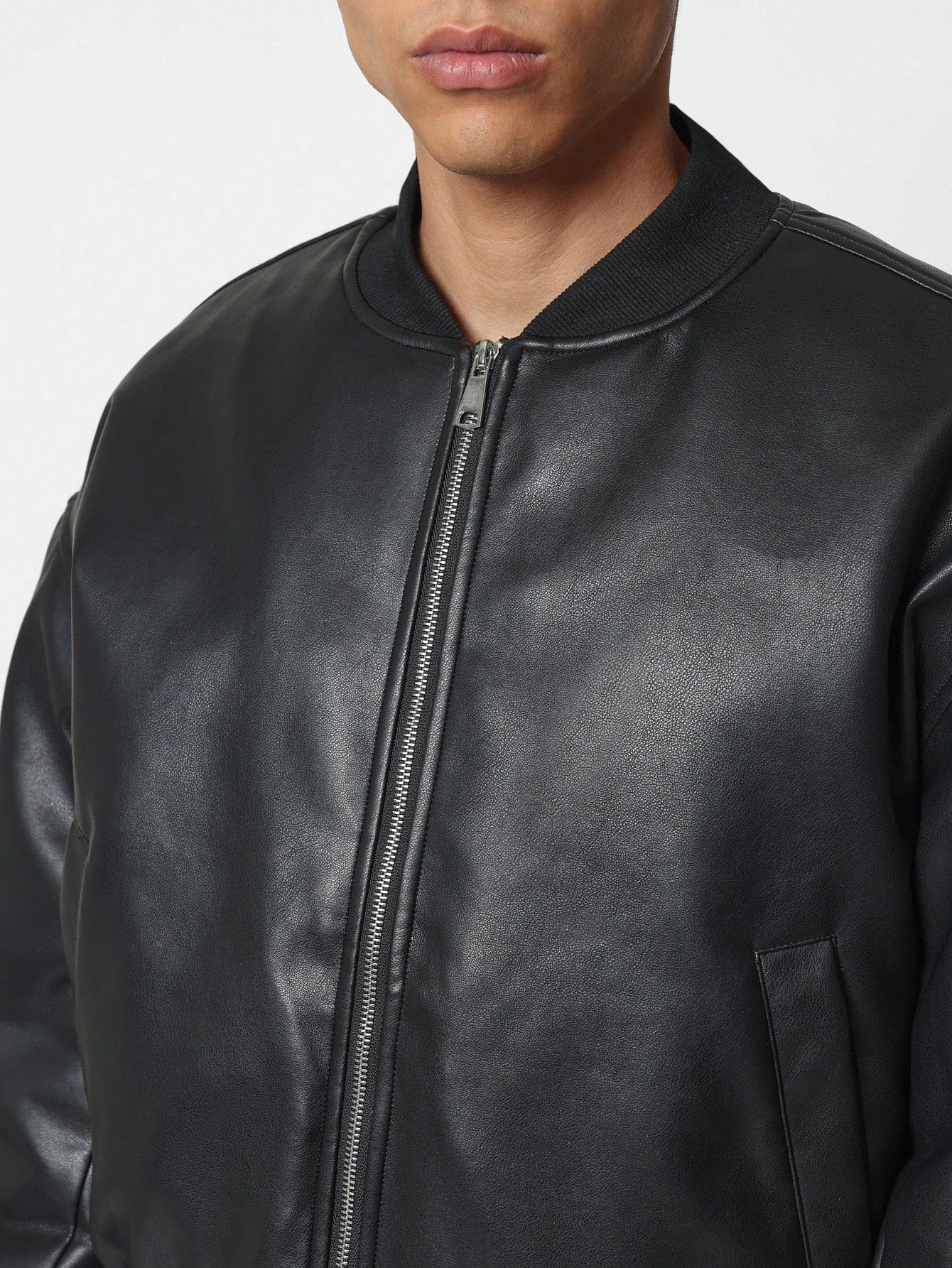 Regular Fit PU Cropped Bomber Jacket With Sleeve Zip Pocket