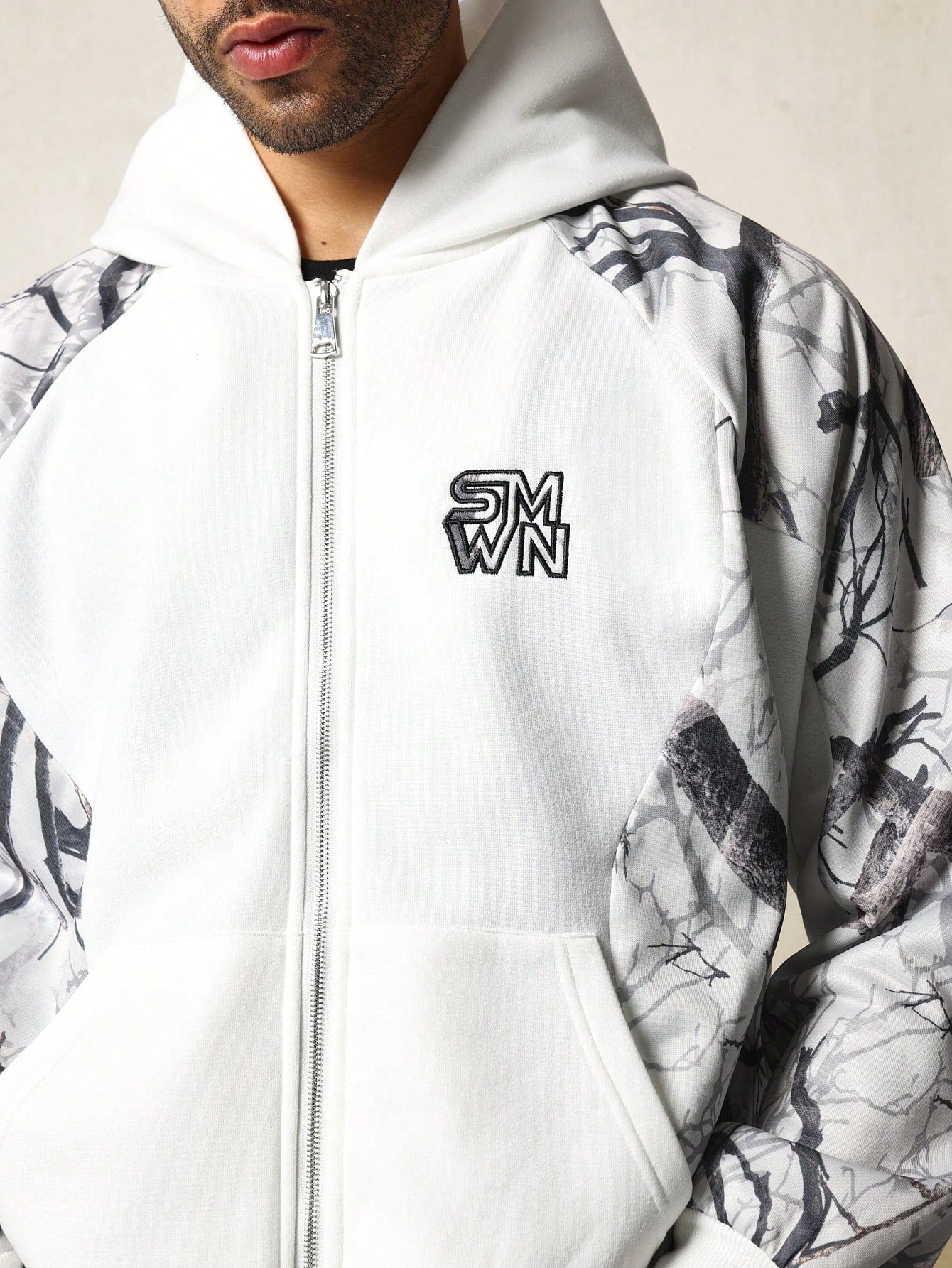 Regular Fit Printed Zip-Up Hoodie With Embroidery