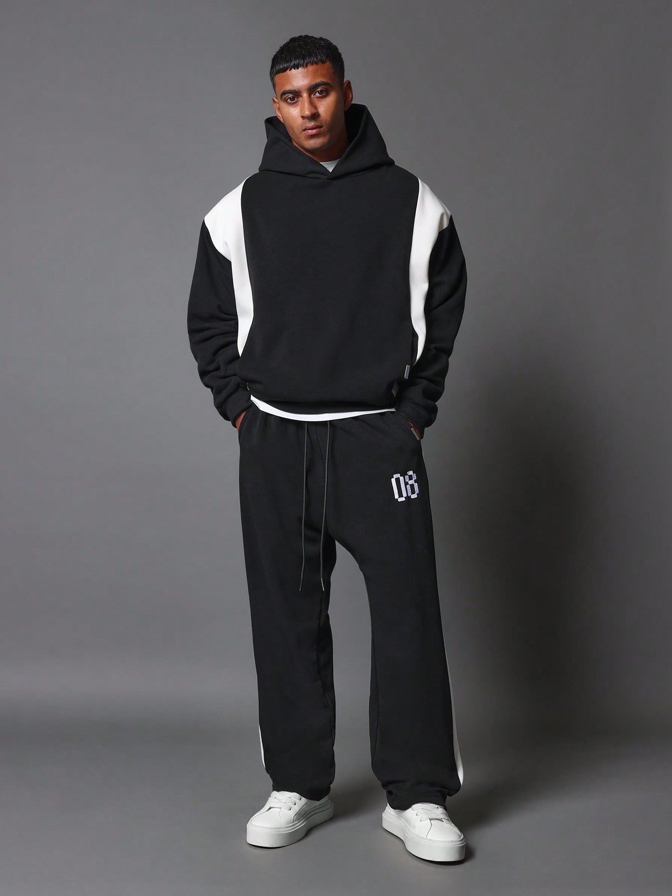 Regular Fit Overhead Hoodie & Sweatpants With Embroidery & Colour Block Panels 2 Piece Set