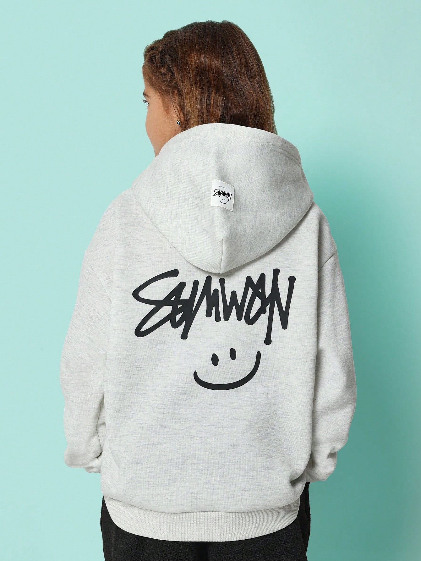 Tween Girls Comfy Grey Overhead Essential Hoodie With Graffiti Graphic Print