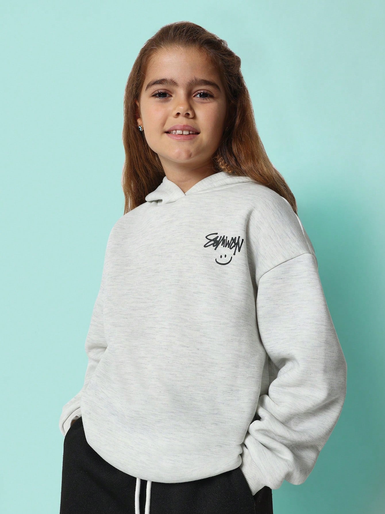 Tween Girls Comfy Grey Overhead Essential Hoodie With Graffiti Graphic Print