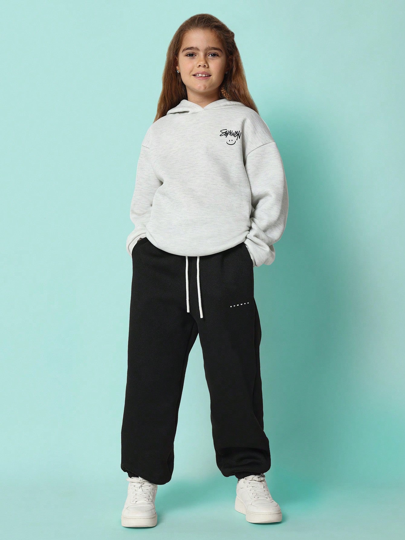 Tween Girls Comfy Grey Overhead Essential Hoodie With Graffiti Graphic Print