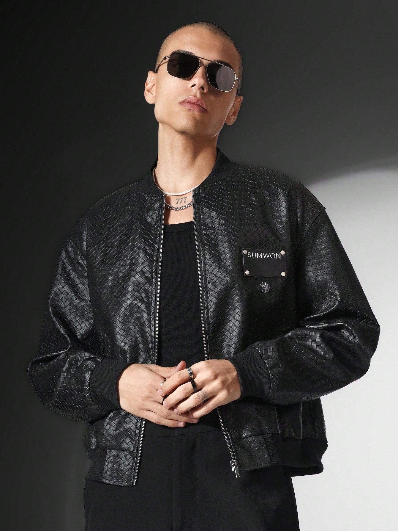 Regular Fit PU Weave Bomber Jacket