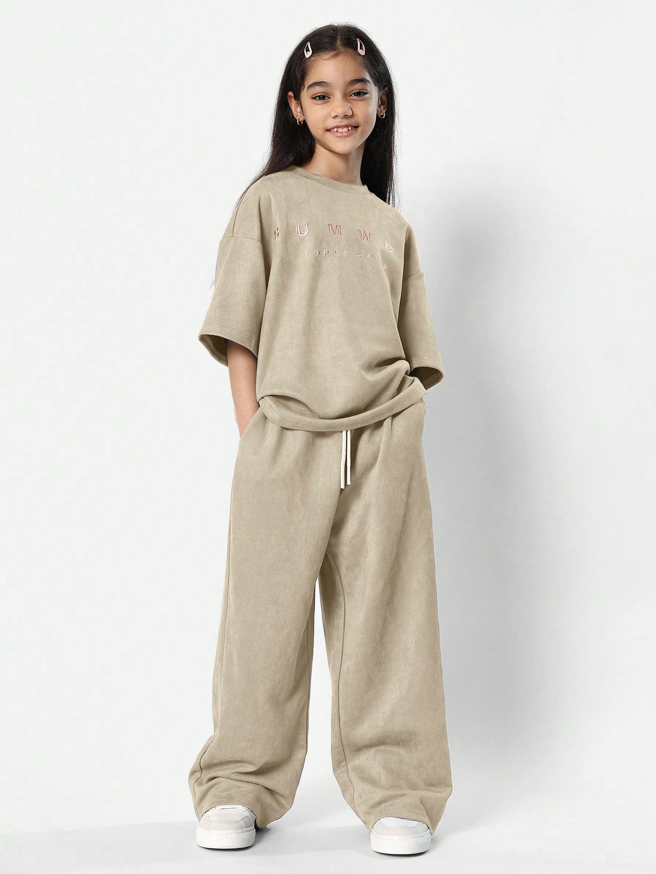 Tween Girls Oversized Fit Suedette Tee And Wide Leg Sweatpants 2 Piece Set