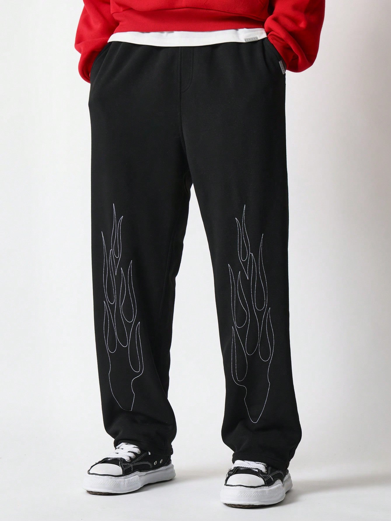 Straight Fit Drop Crotch Sweatpants With Embroidered Flame