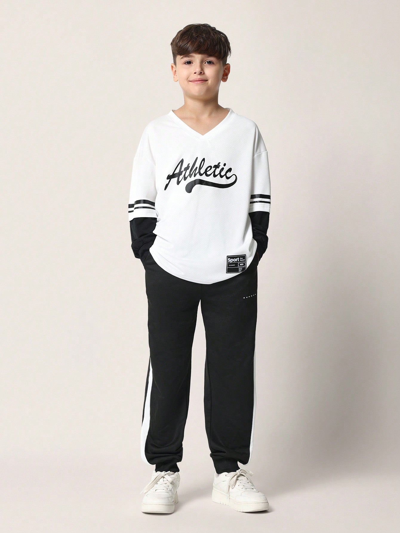 Tween Boys Oversized Sleeve Layer V-Neck Sweatshirt With Graphic Print & Embroidered Patch