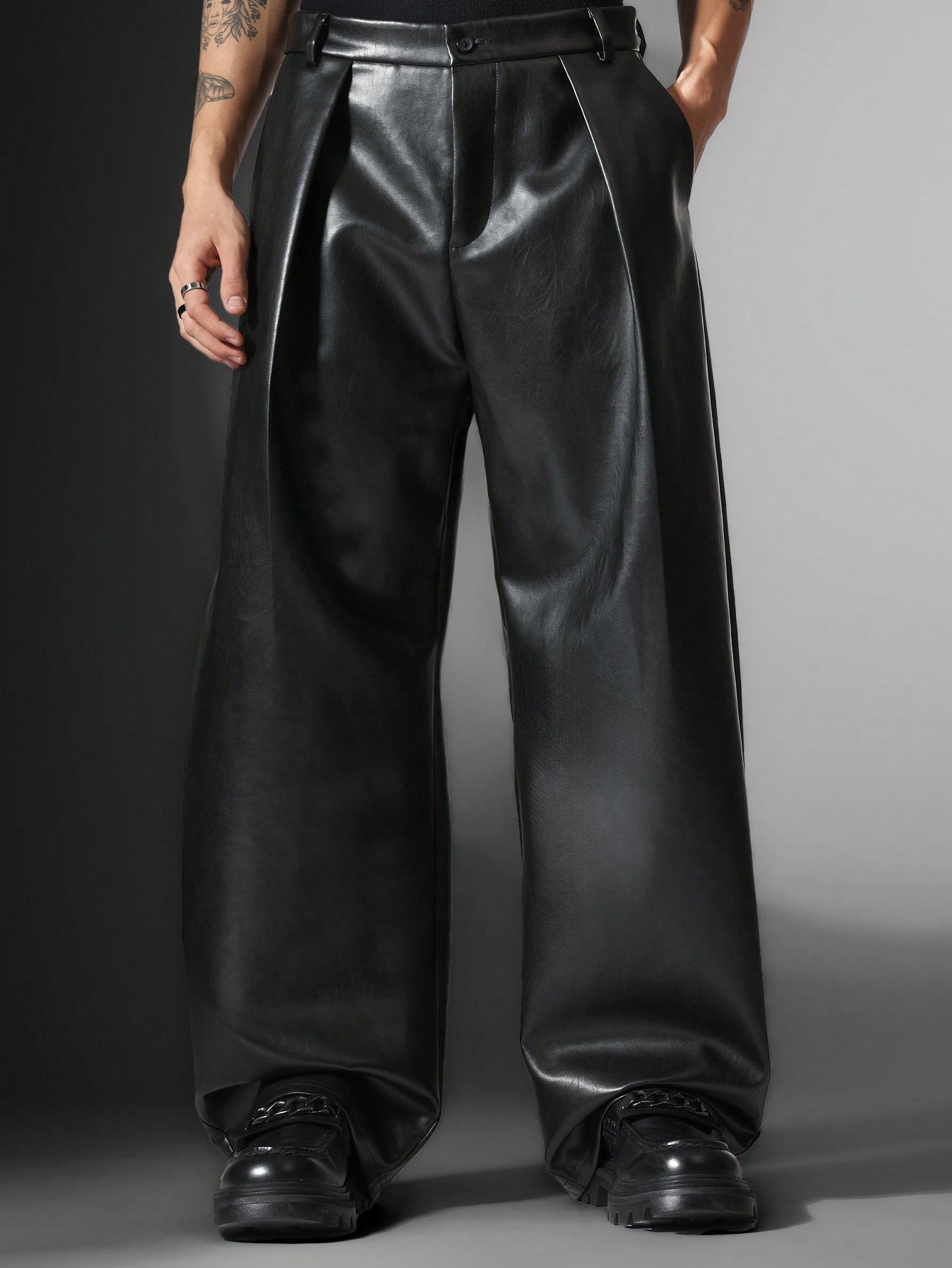 Wide Fit PU Tailoring Trouser With Pleats