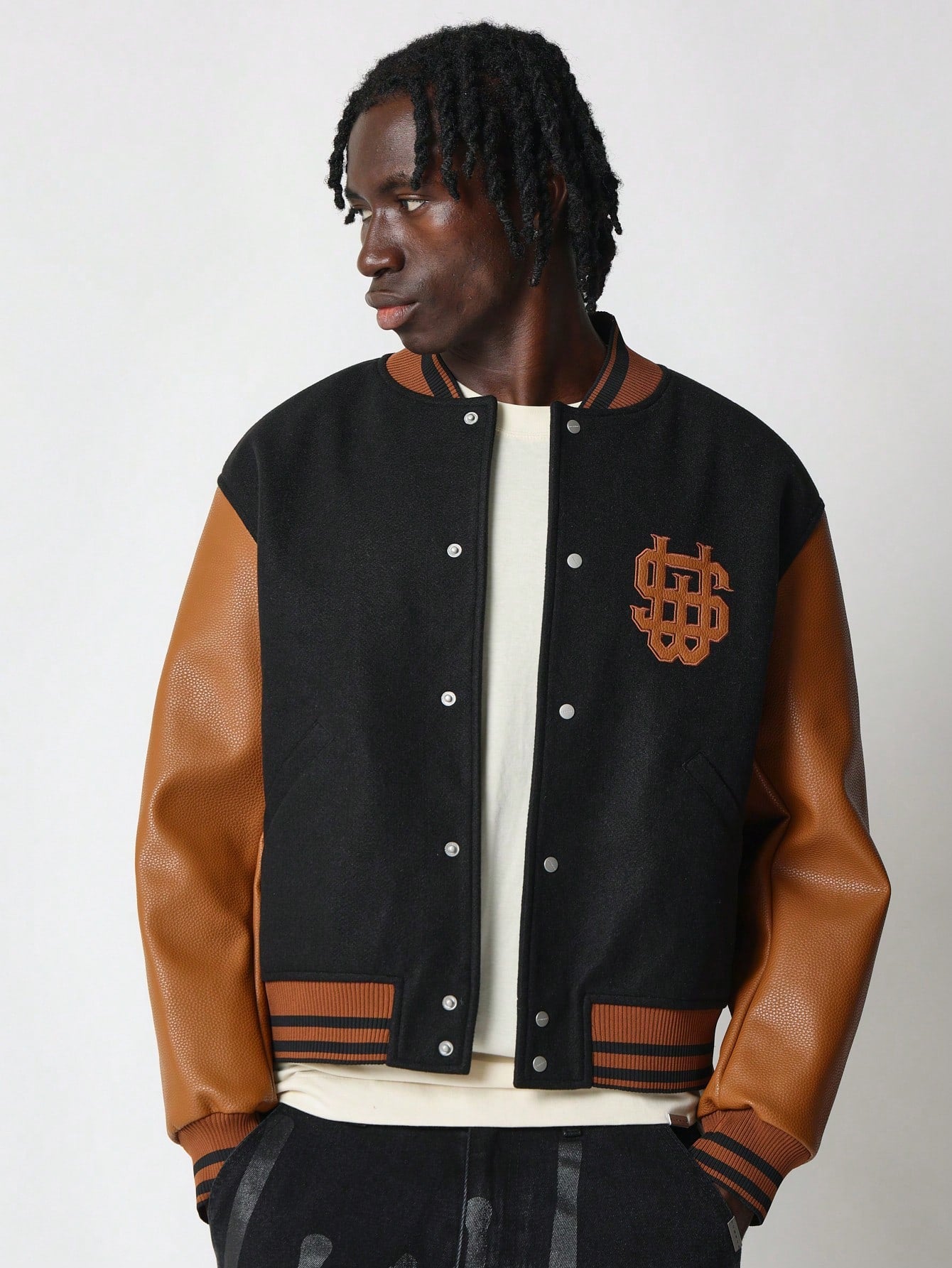 Regular Fit Contrast Colour Varsity Jacket With PU Sleeve & Patches