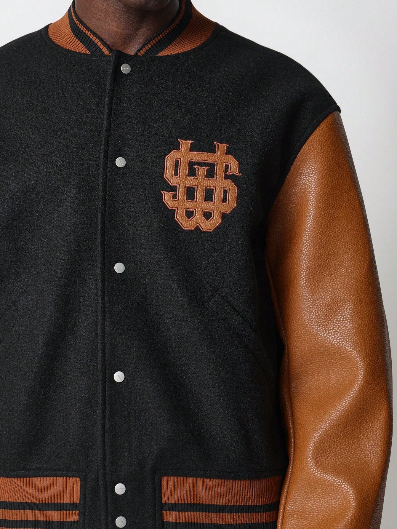 Regular Fit Contrast Colour Varsity Jacket With PU Sleeve & Patches