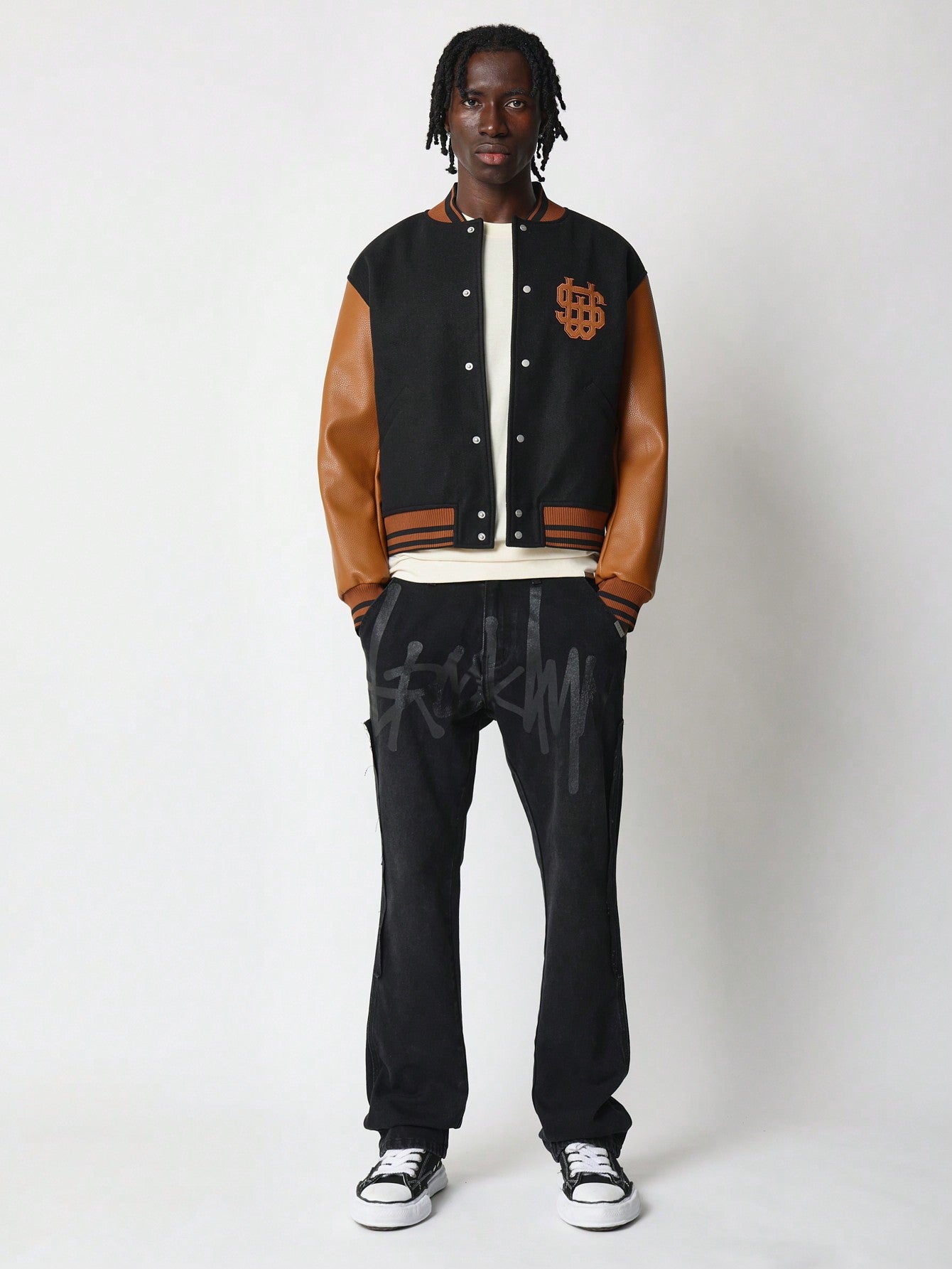 Regular Fit Contrast Colour Varsity Jacket With PU Sleeve & Patches