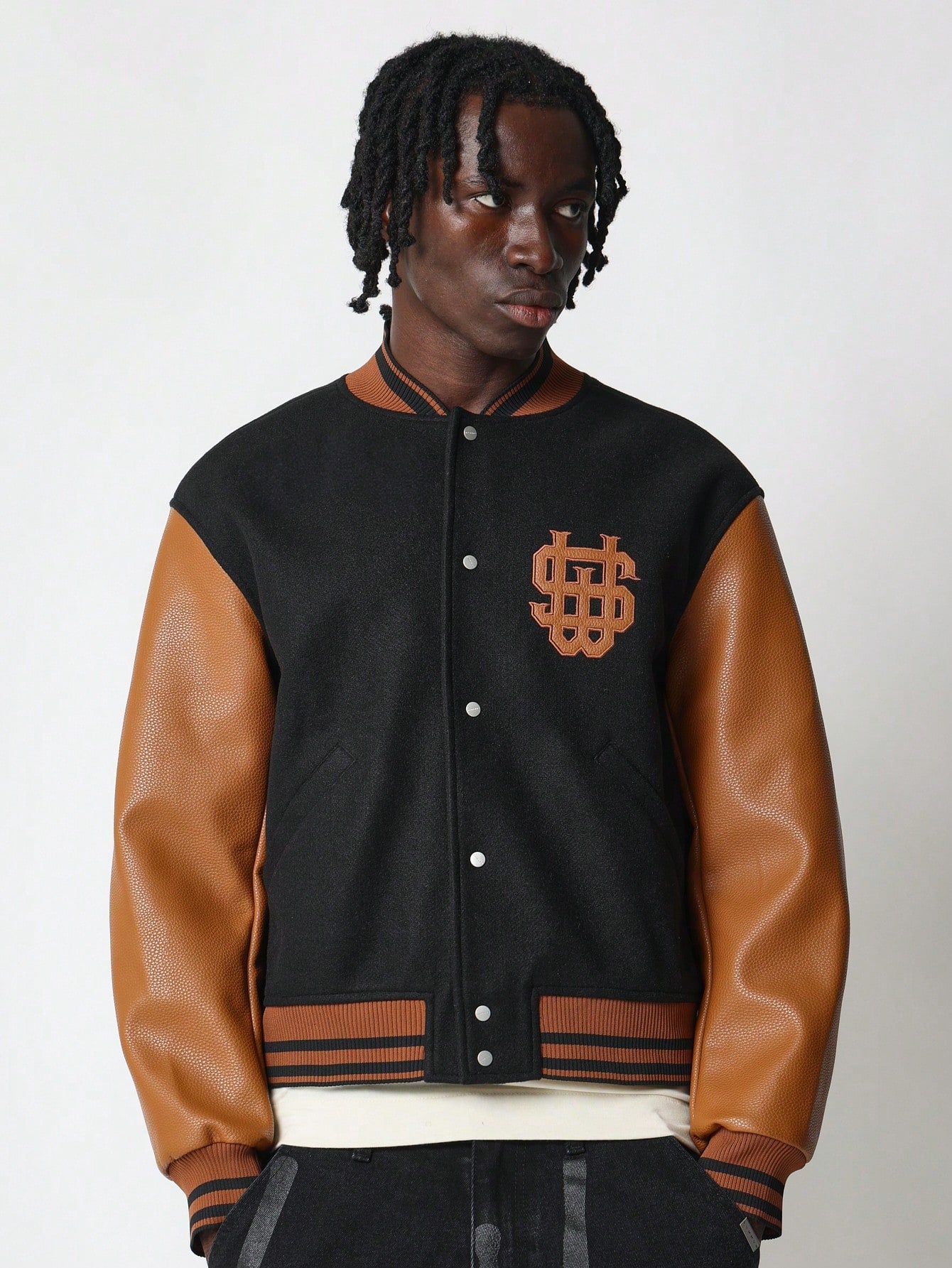 Regular Fit Contrast Colour Varsity Jacket With PU Sleeve & Patches