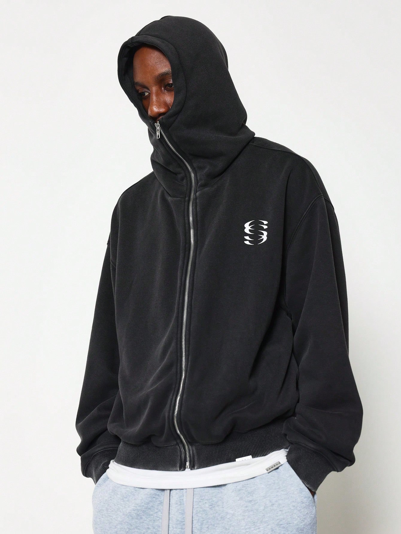 Crop Fit Washed Zip-Up Masked Hoodie With Graphic Print