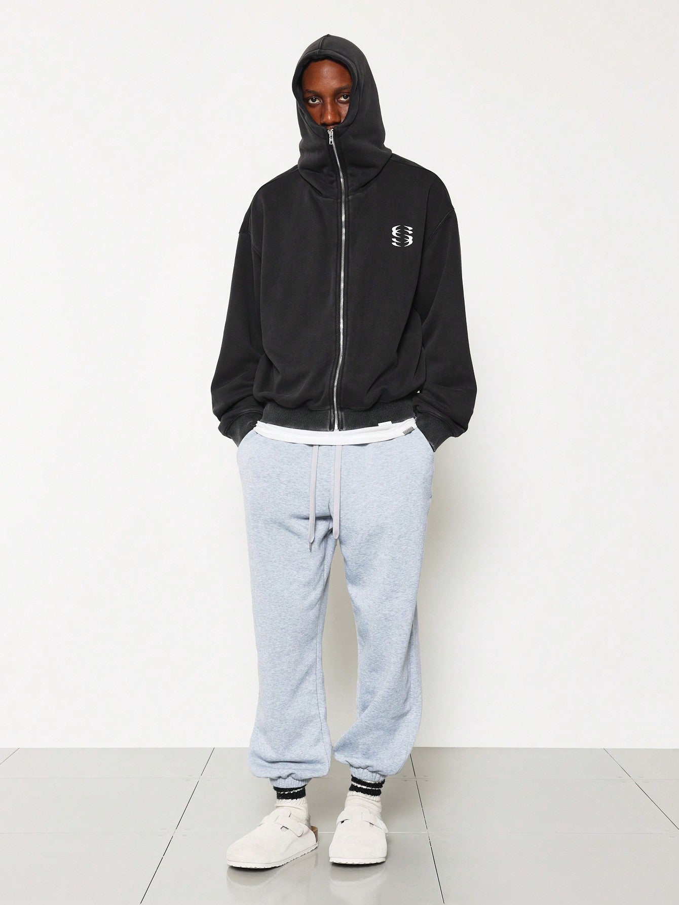 Crop Fit Washed Zip-Up Masked Hoodie With Graphic Print