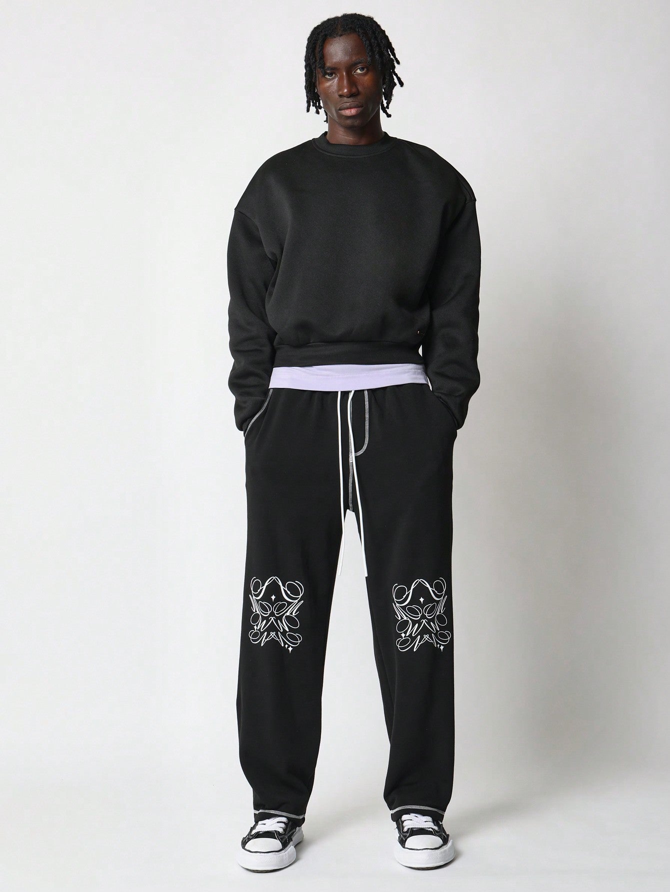 Straight Fit Drop Crotch Contrast Stitching Sweatpants With Graphic Print