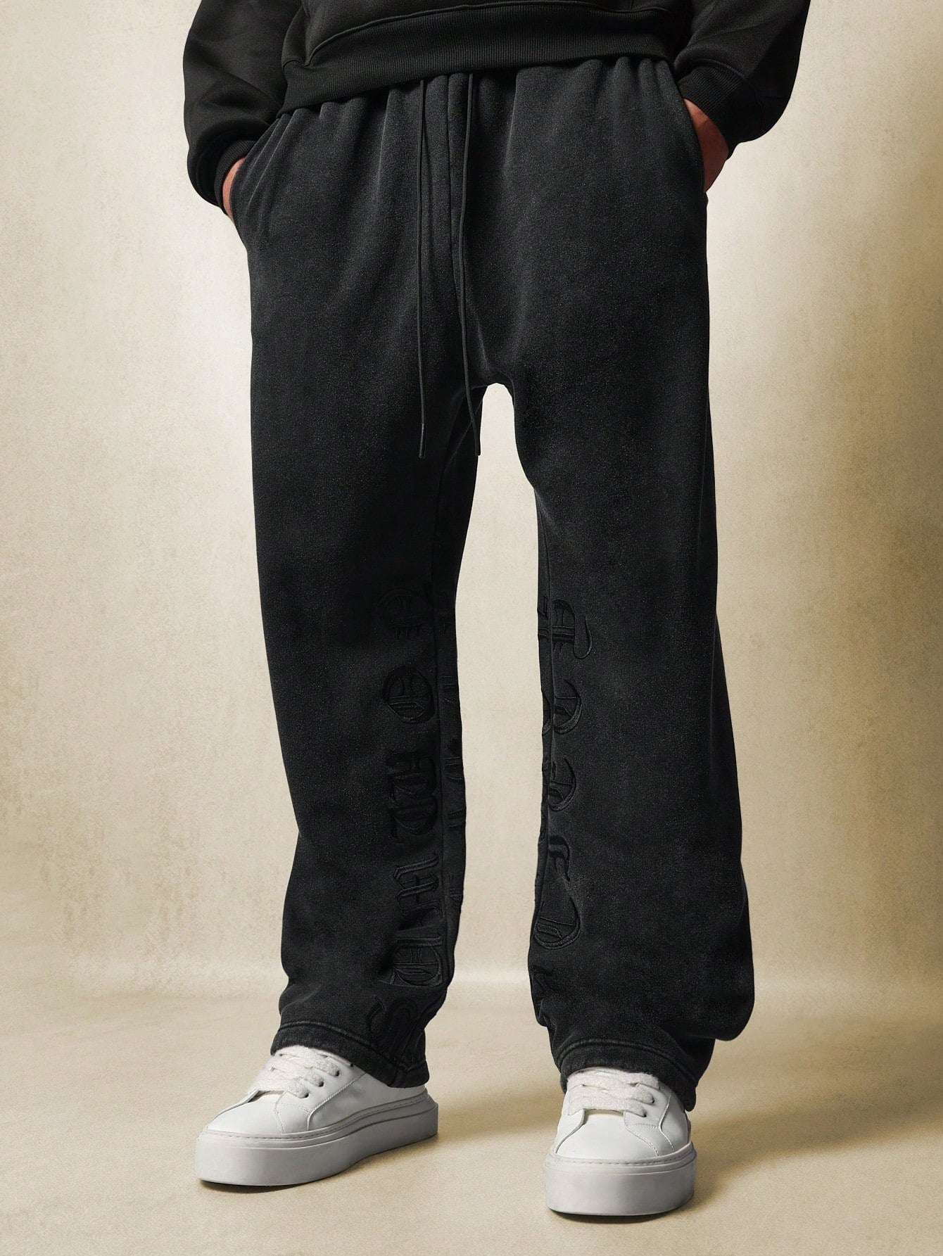 Straight Fit Washed Drop Crotch Sweatpants With Embroidery