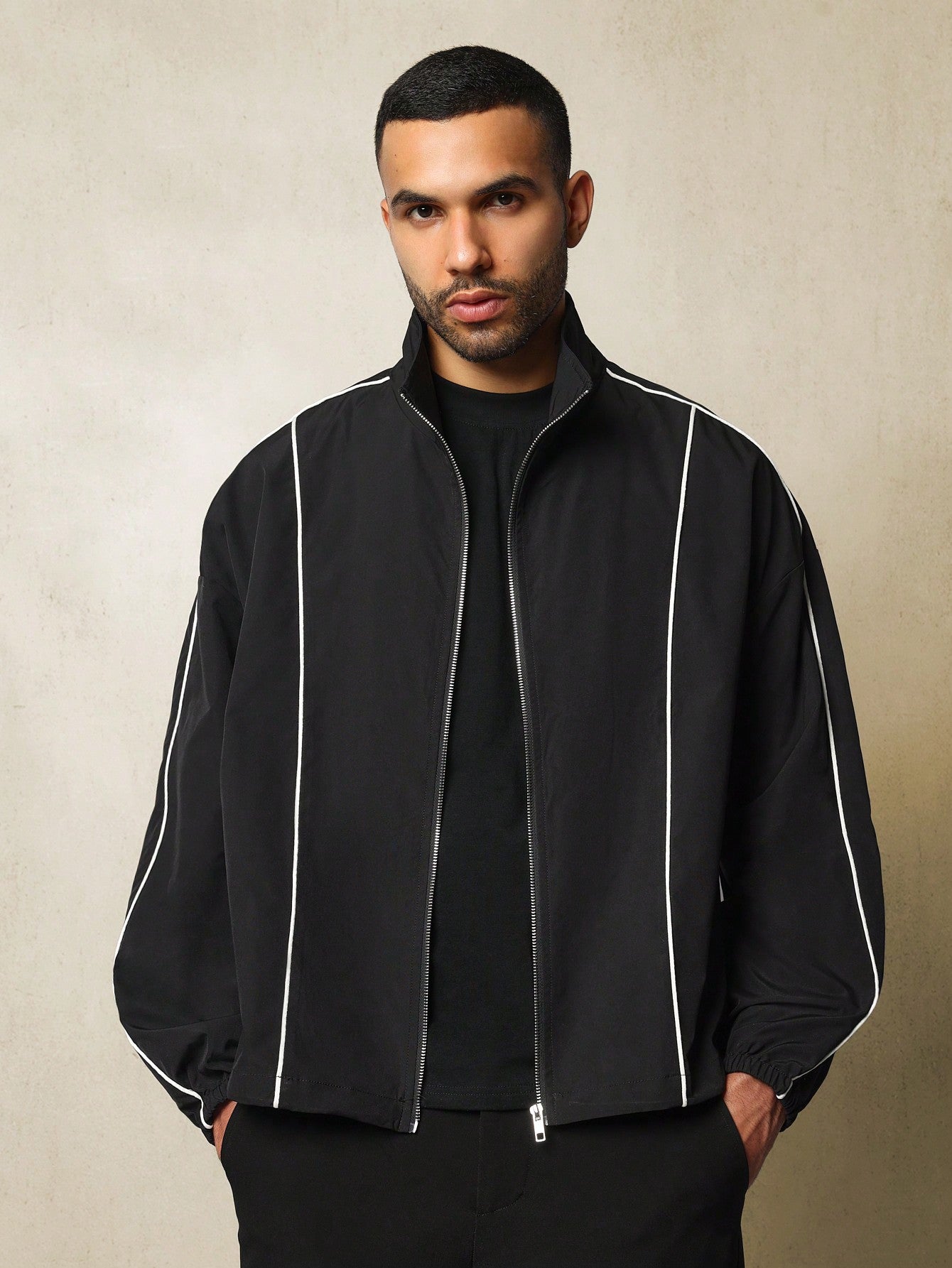 Regular Fit Zip-Up Funnel Nylon Track Jacket With Piping