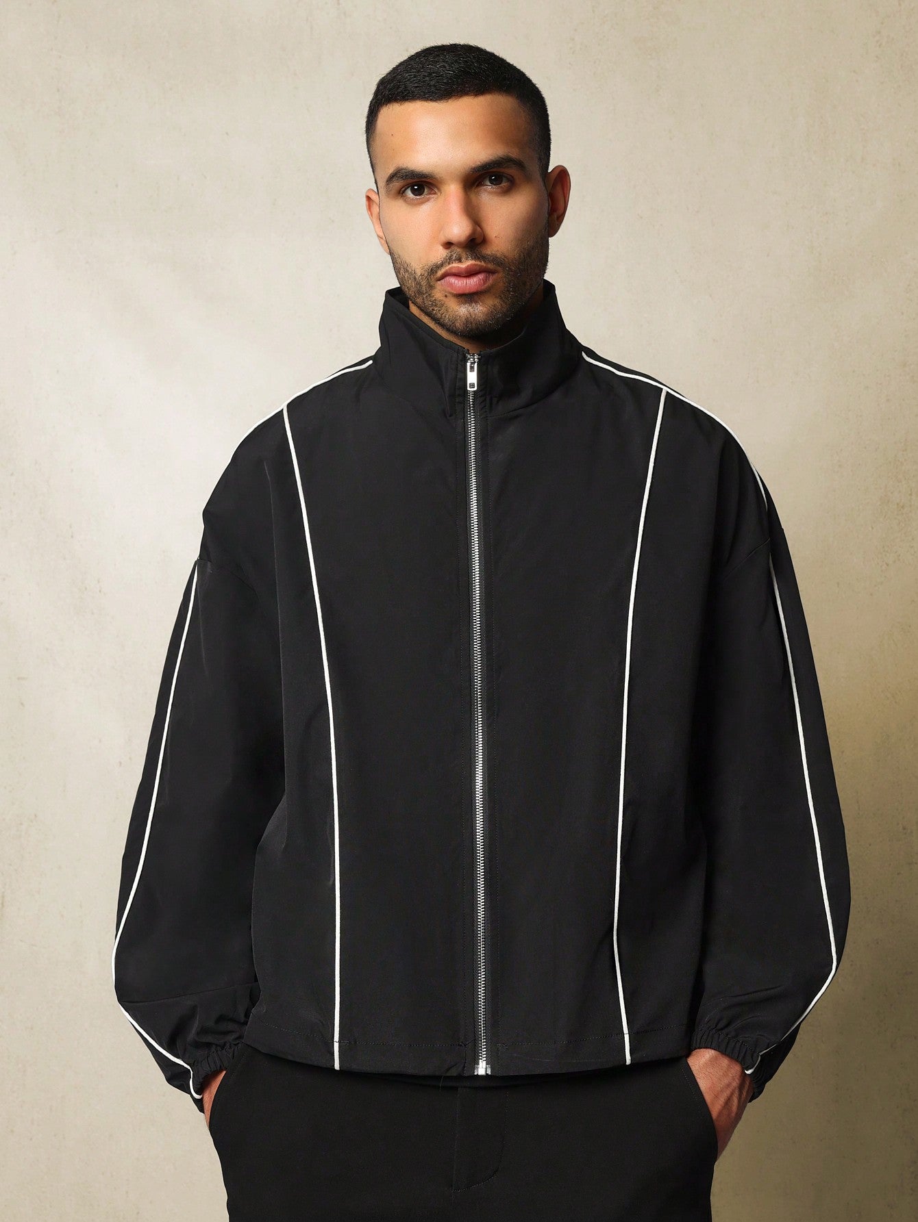 Regular Fit Zip-Up Funnel Nylon Track Jacket With Piping