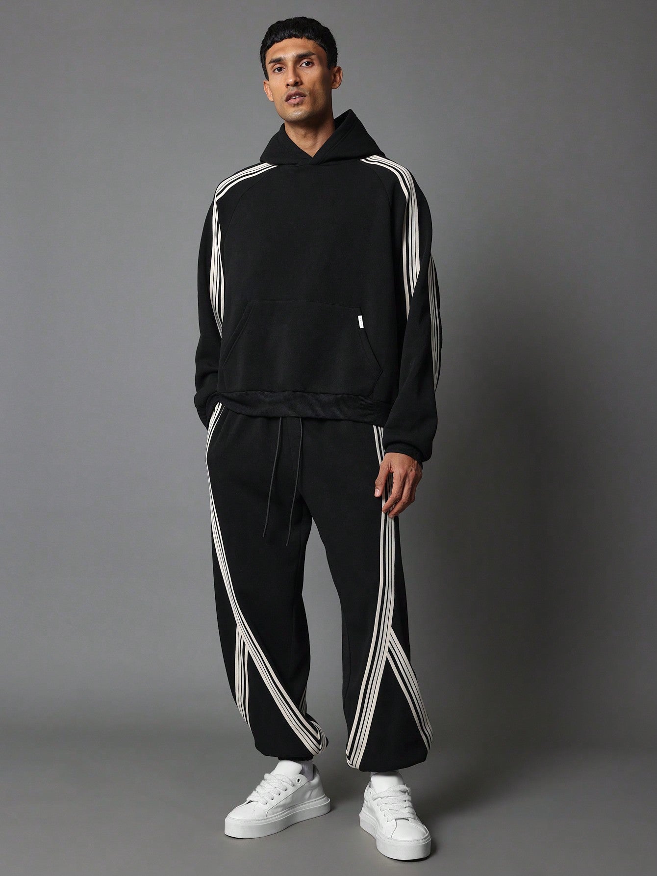 Regular Fit Overhead Stripe Tape Hoodie & Flare Fit Sweatpants 2 Piece Set