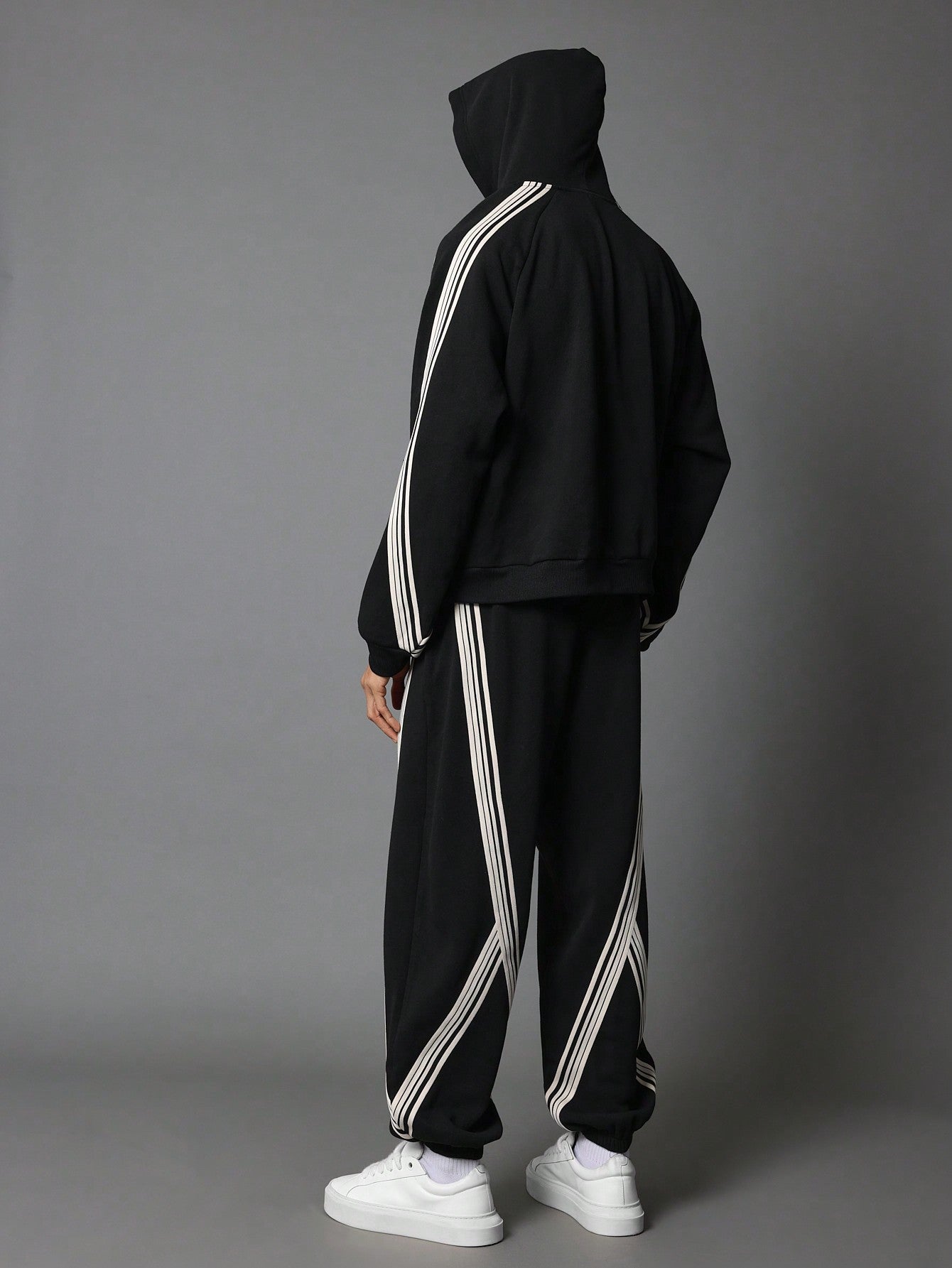 Regular Fit Overhead Stripe Tape Hoodie & Flare Fit Sweatpants 2 Piece Set