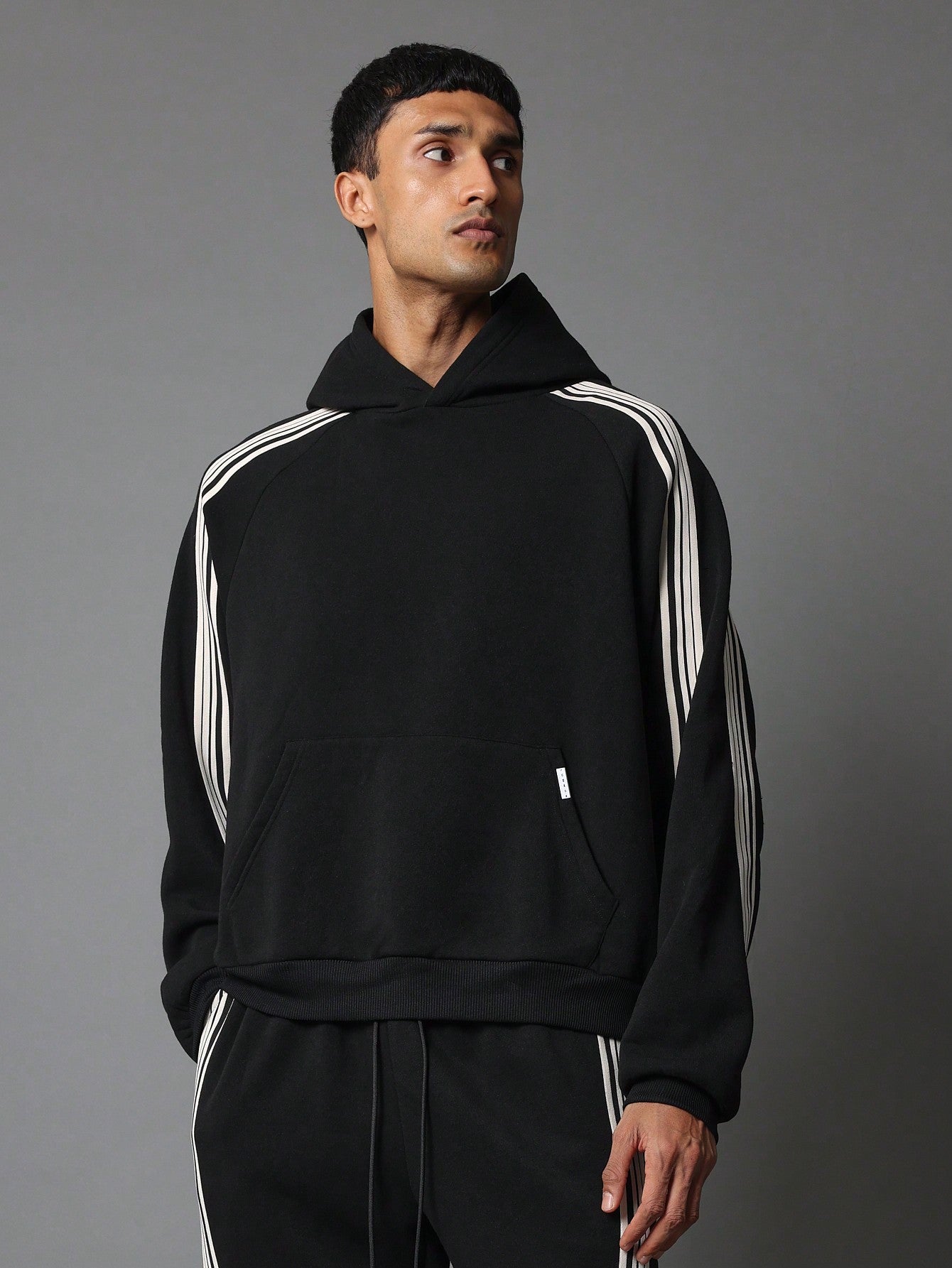 Regular Fit Overhead Stripe Tape Hoodie & Flare Fit Sweatpants 2 Piece Set