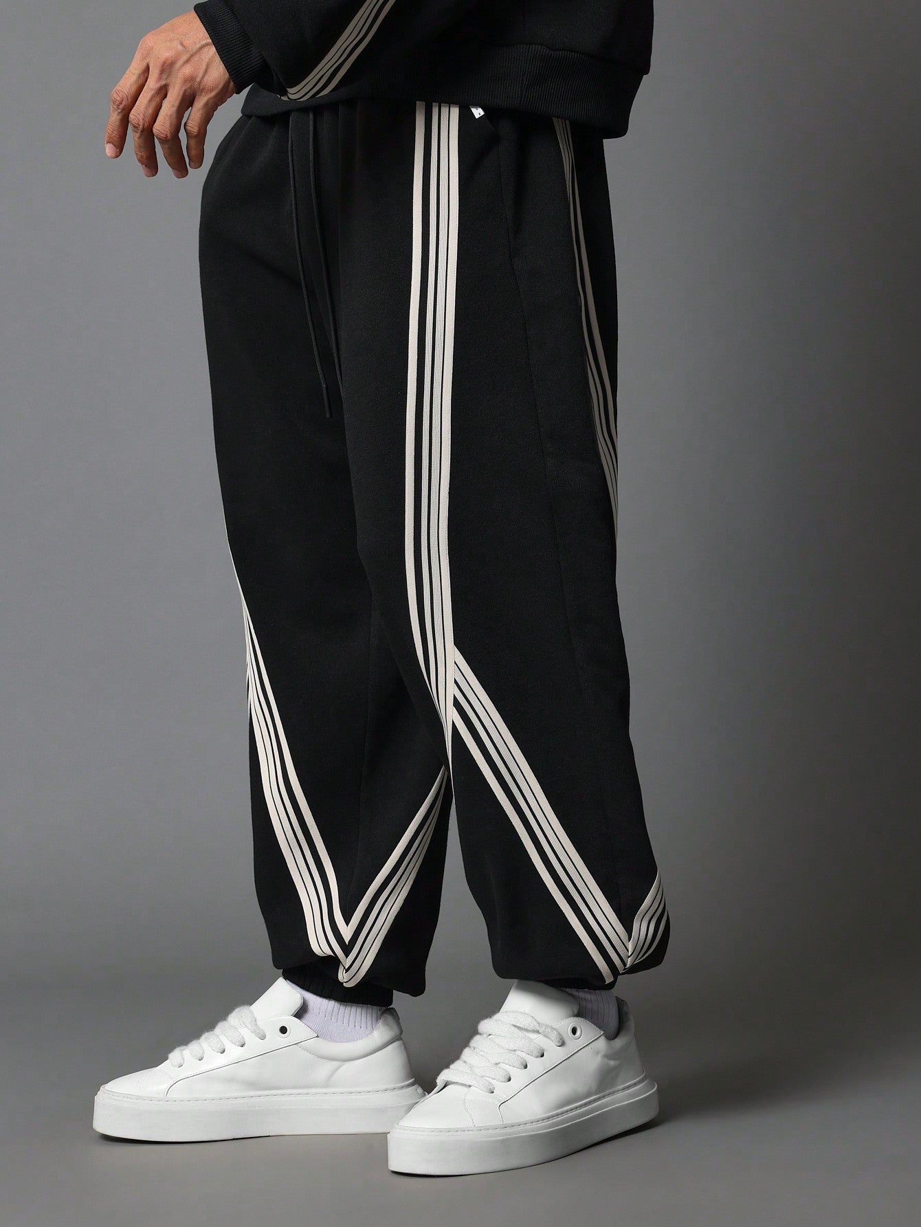 Regular Fit Overhead Stripe Tape Hoodie & Flare Fit Sweatpants 2 Piece Set