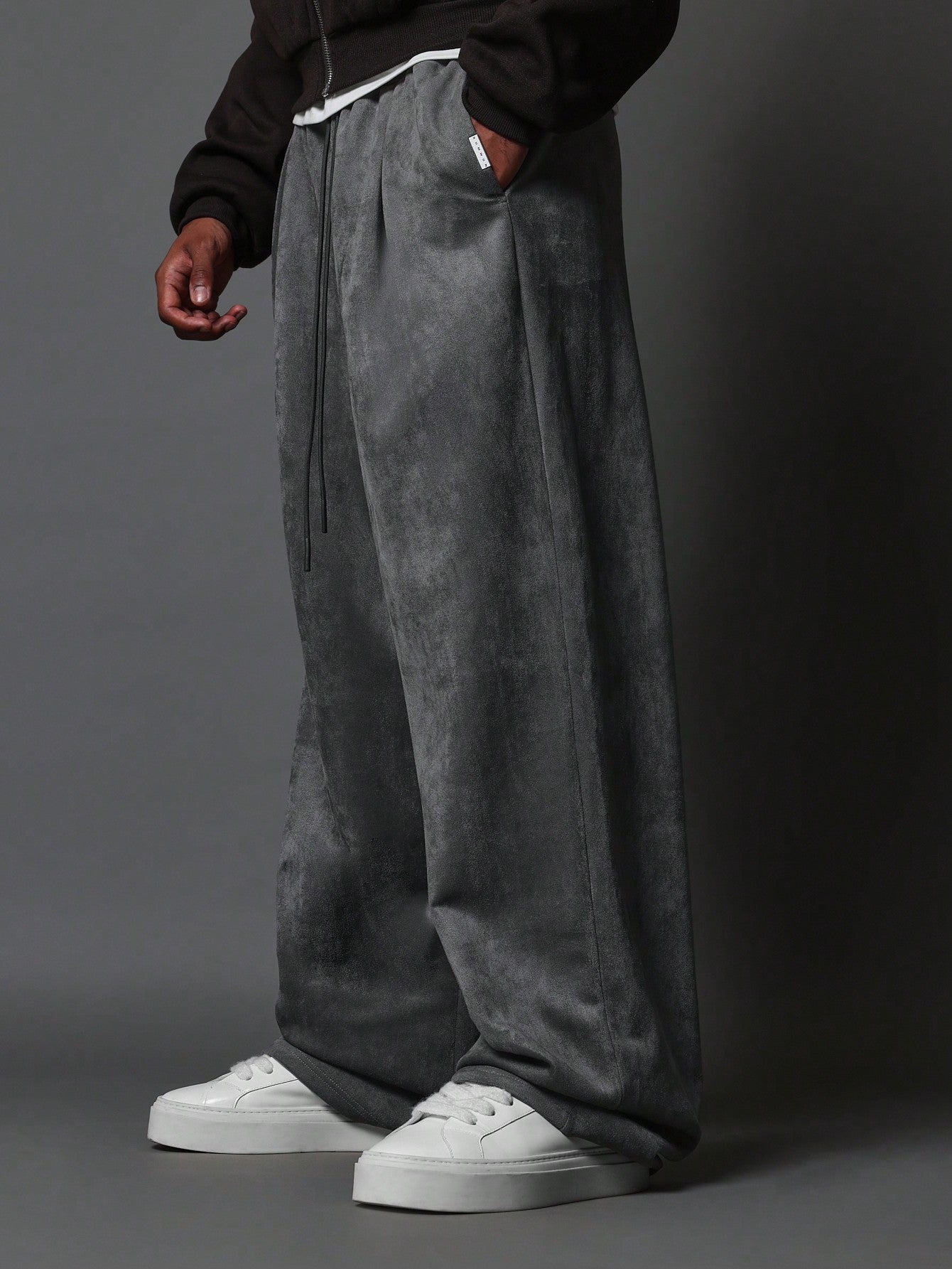 Wide Leg Suedette Pleated Jogger With Drawcords