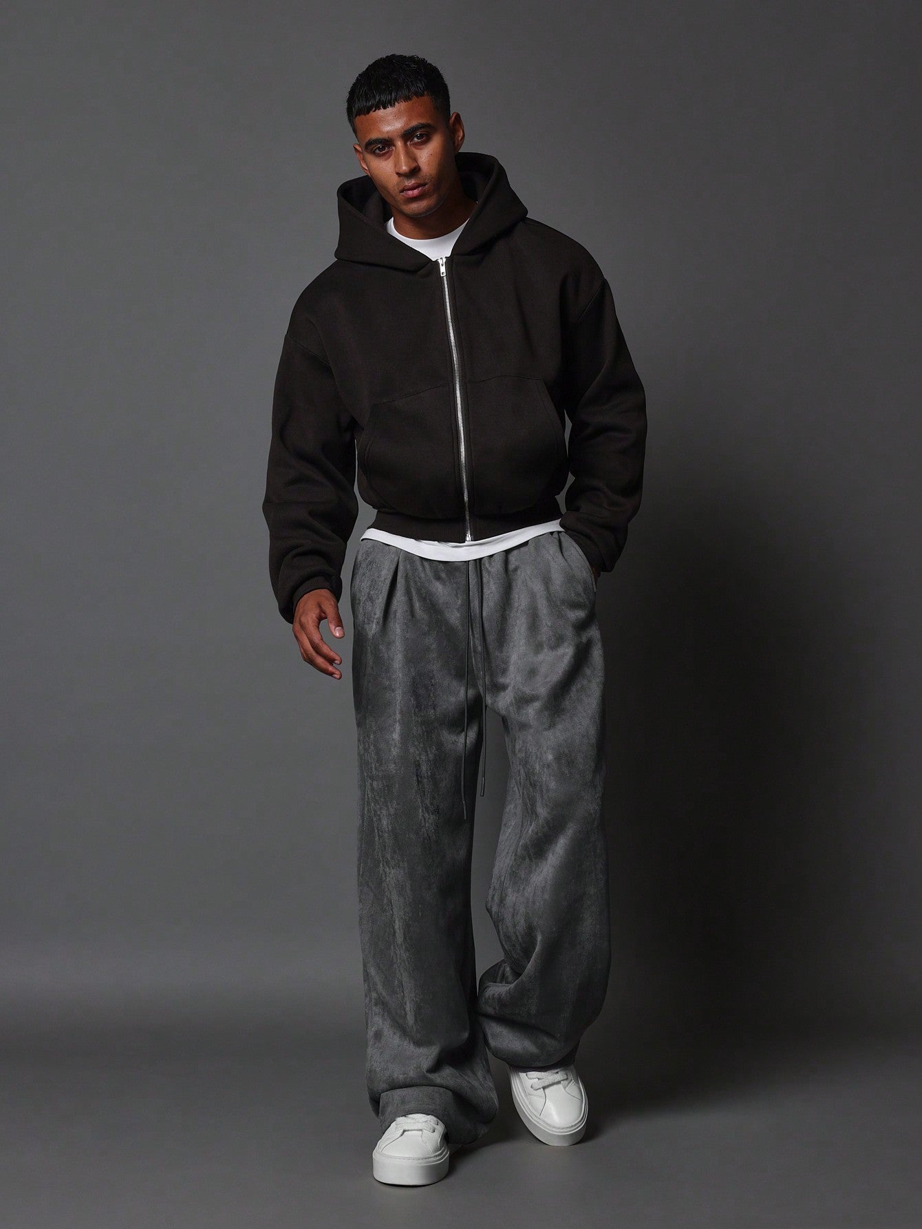 Wide Leg Suedette Pleated Jogger With Drawcords