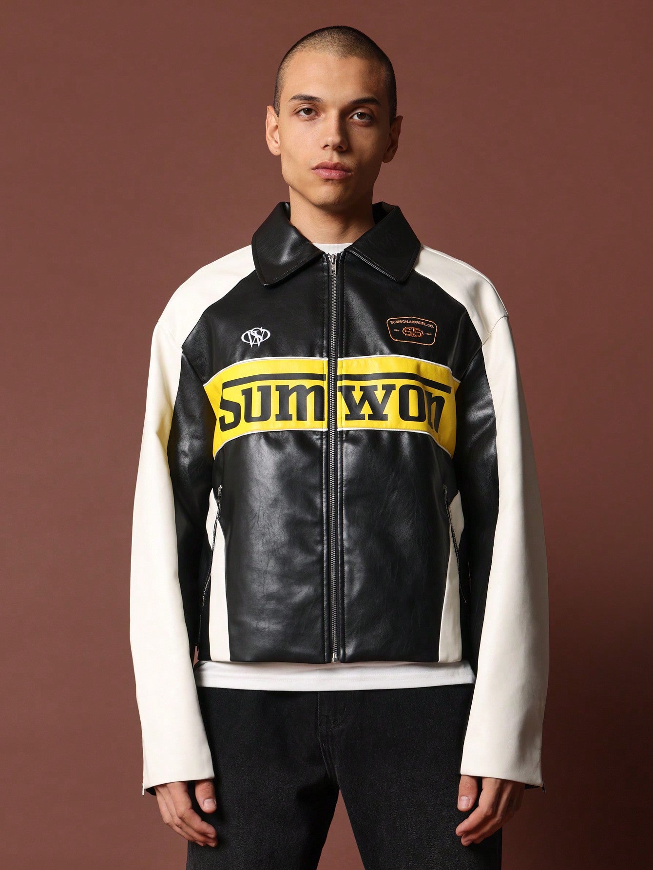 Crop Fit PU Motocross Jacket With Graphic Print