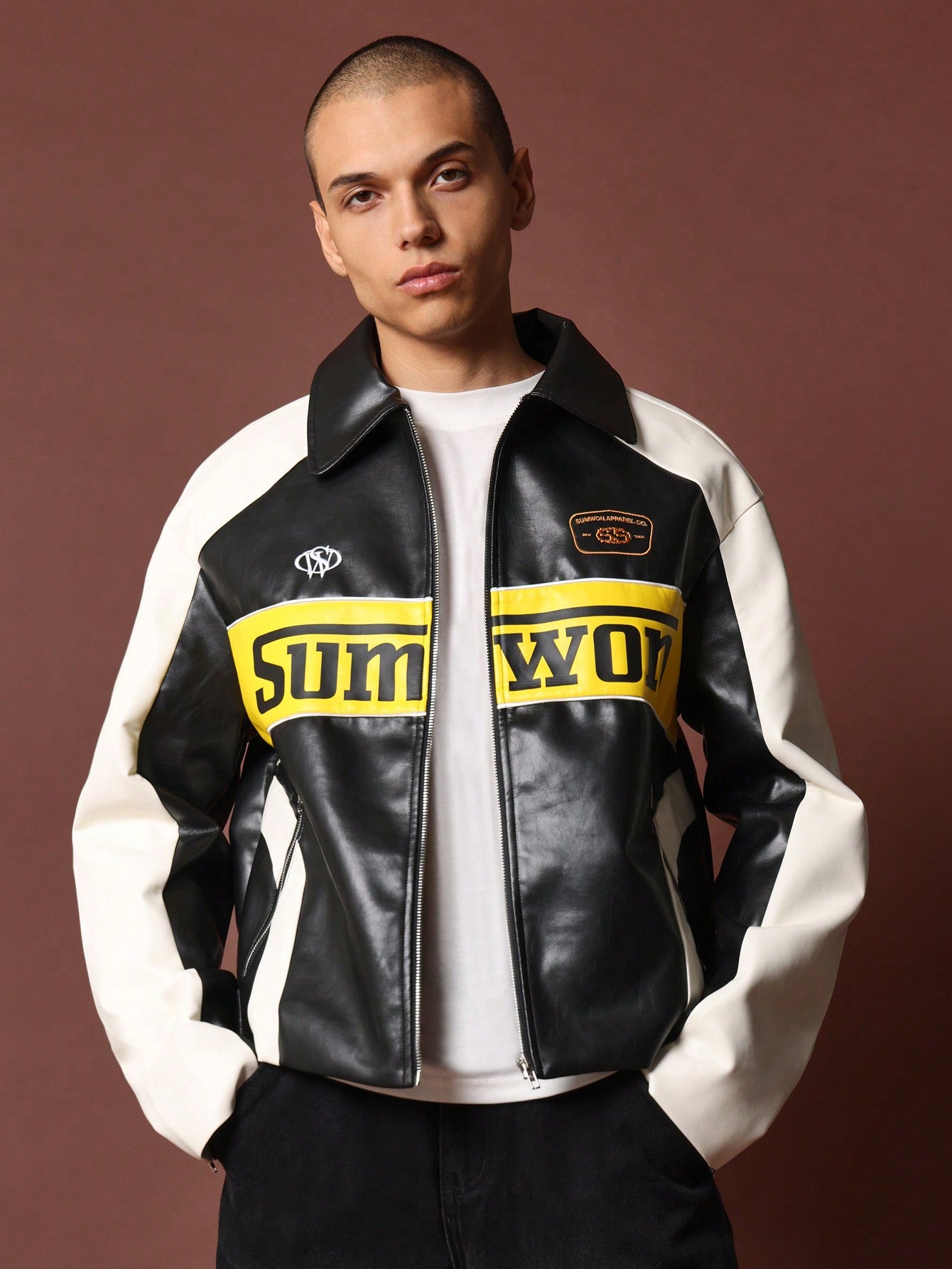 Crop Fit PU Motocross Jacket With Graphic Print