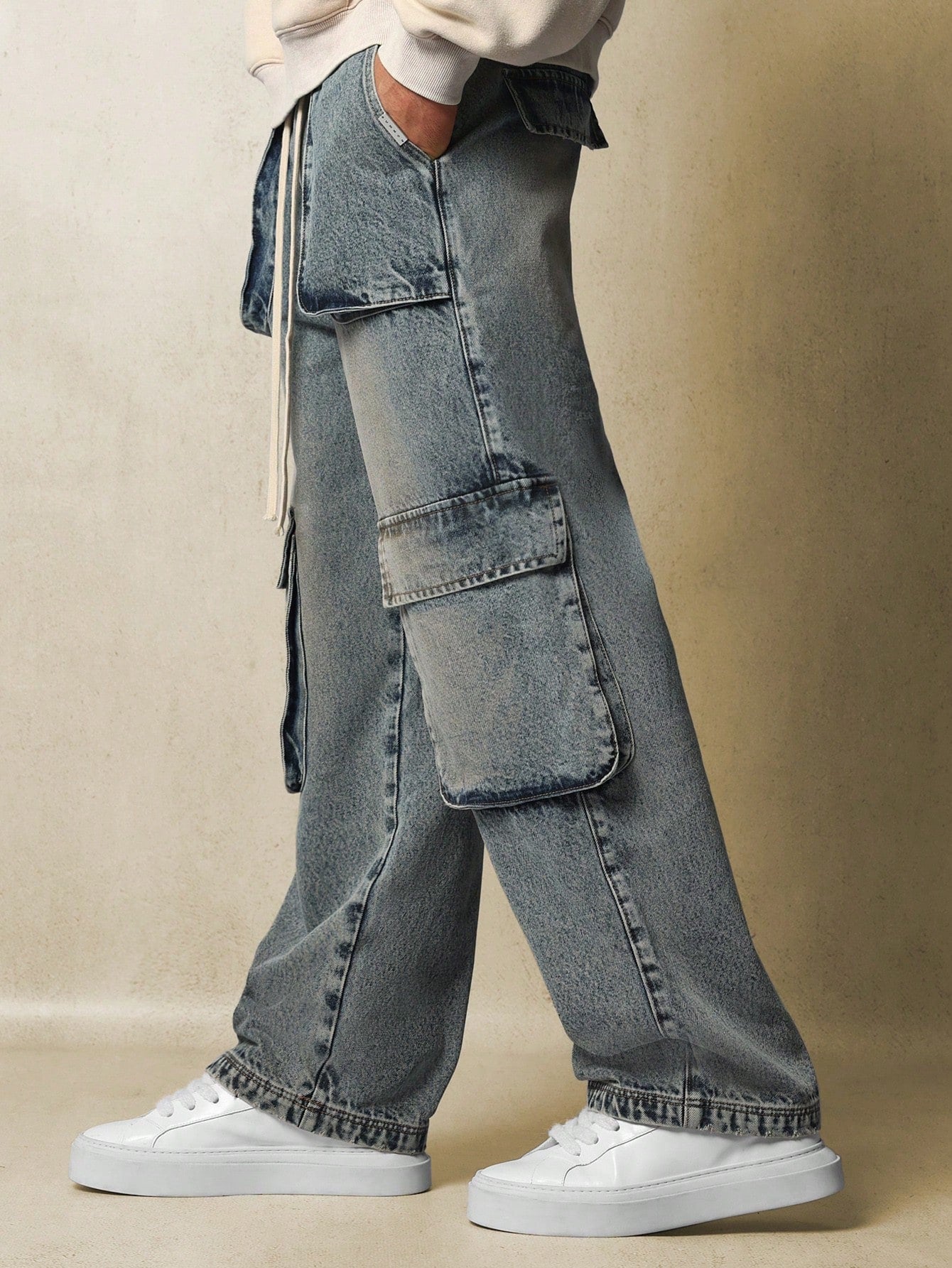 Washed Pull On Loose Fit Cargo Jean