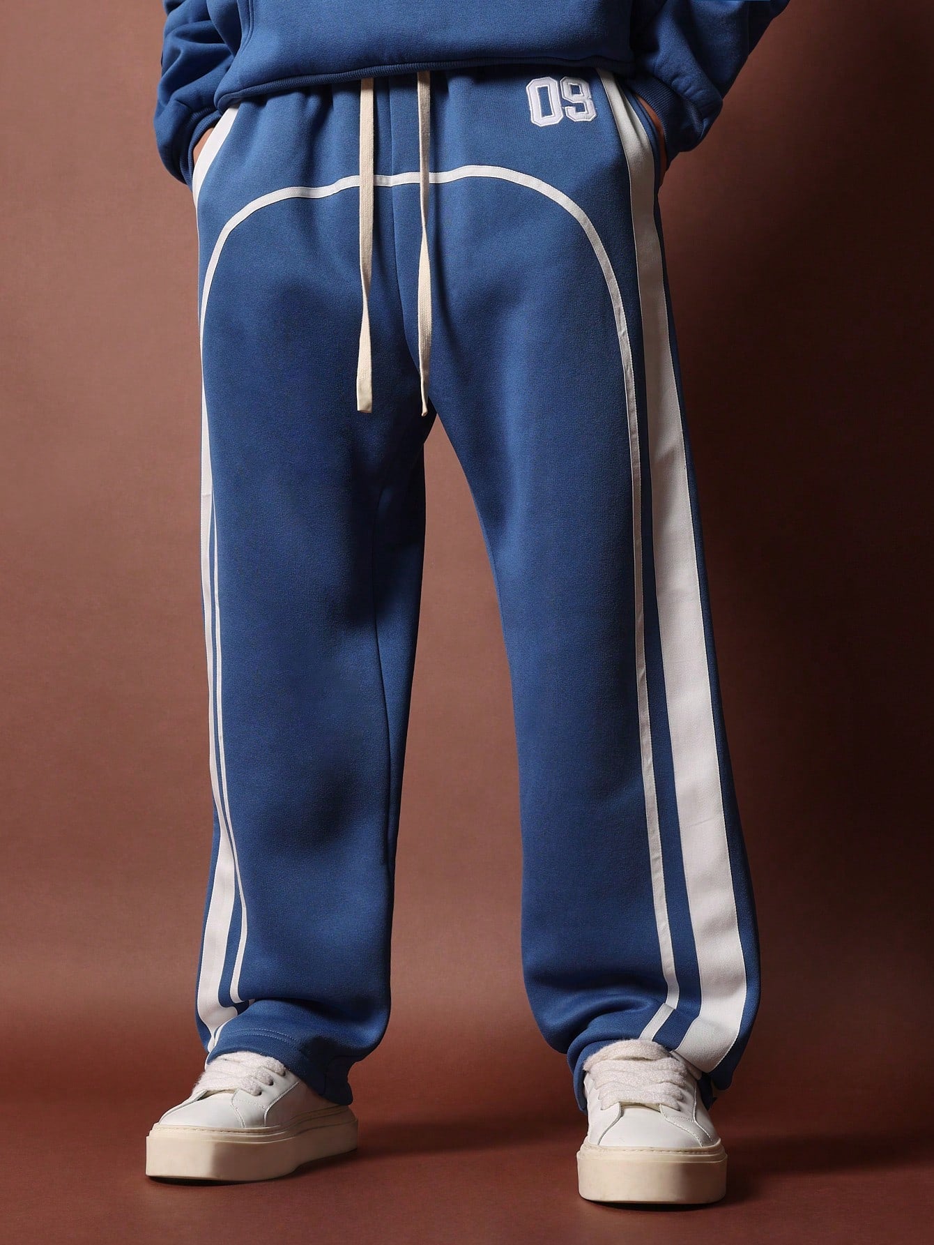 Straight Fit Drop Crotch Side Tape Sweatpants With Number Applique And Drawcords