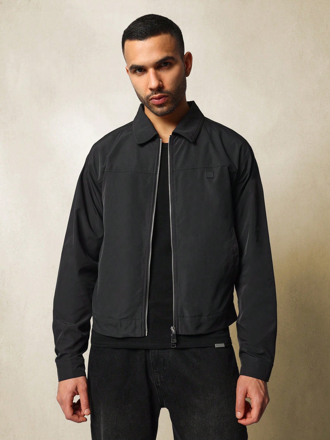 Regular Fit Zip-Up Nylon Harrington Jacket