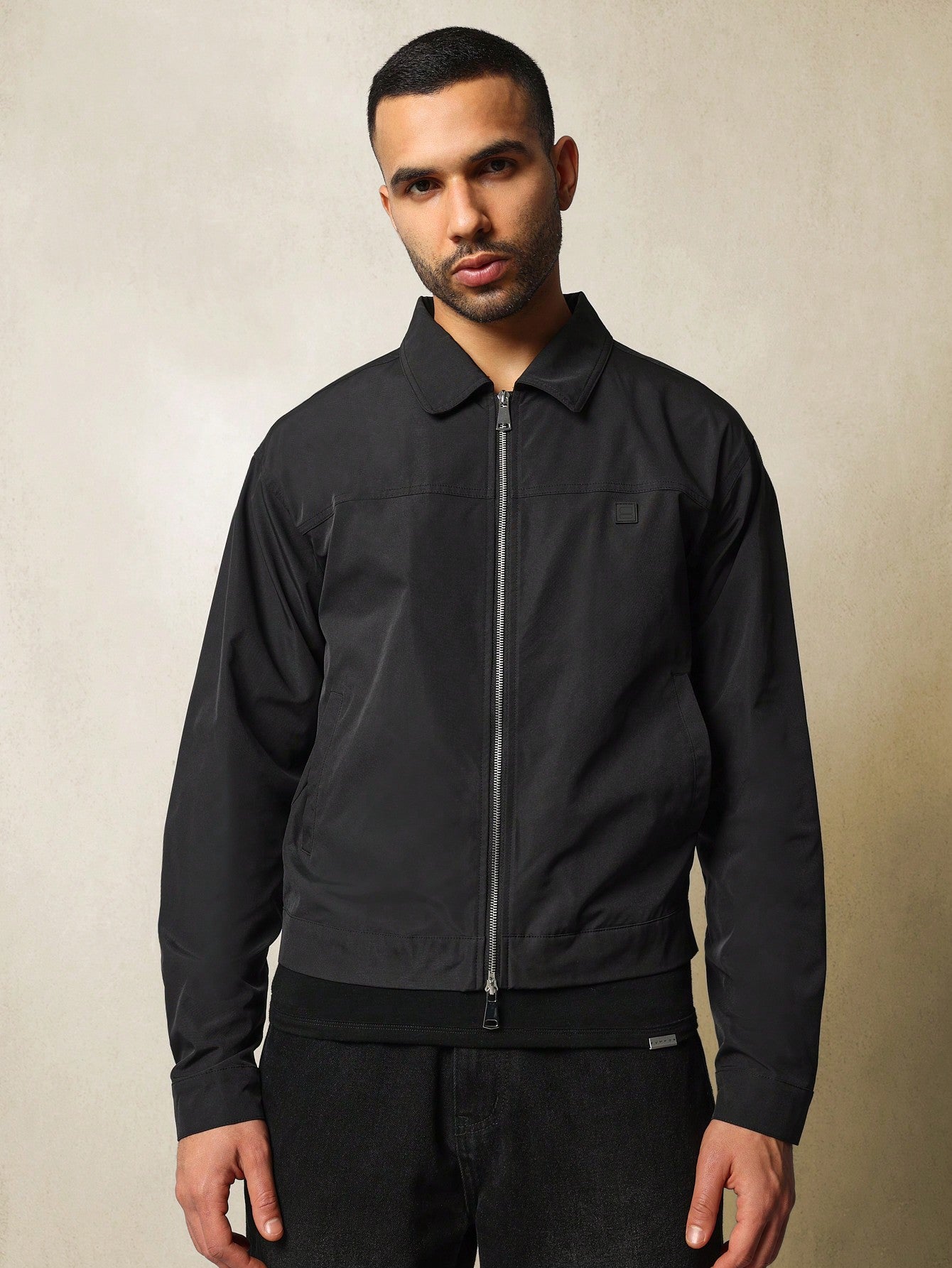 Regular Fit Zip-Up Nylon Harrington Jacket