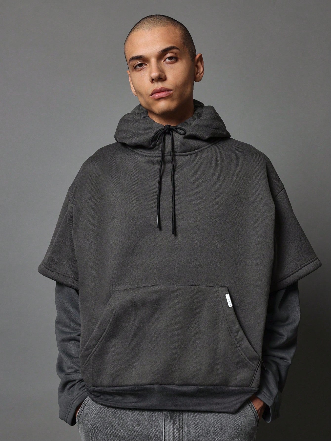 Oversized Fit Contrast Colour Double Sleeve Overhead Hoodie With Drawcords