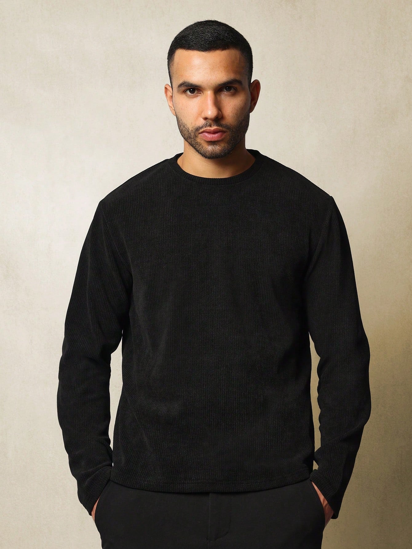 Regular Fit Cord Texture Long Sleeve Essential Tee