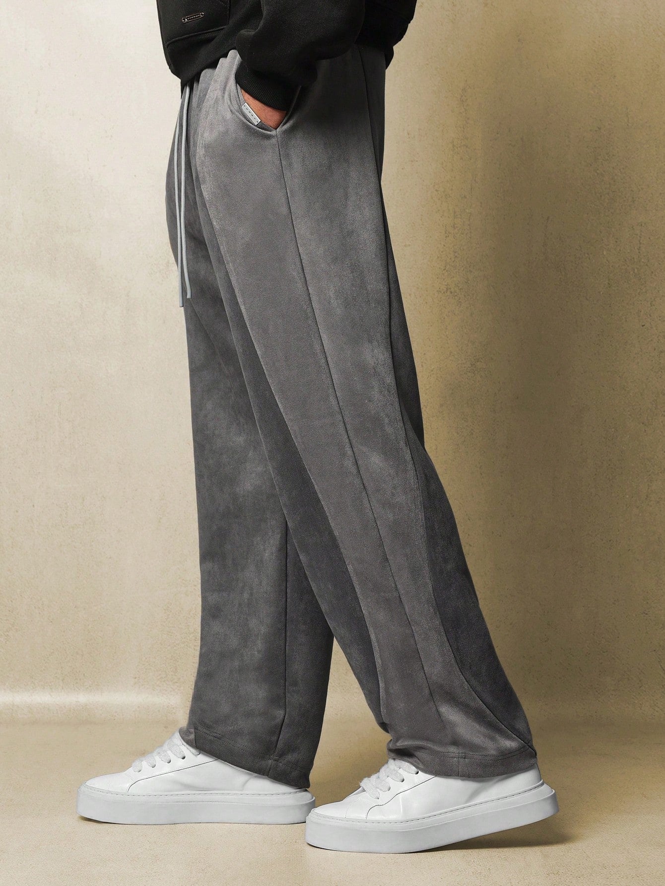 Suedette Straight Fit Contrast Panel Sweatpants With Drawstrings