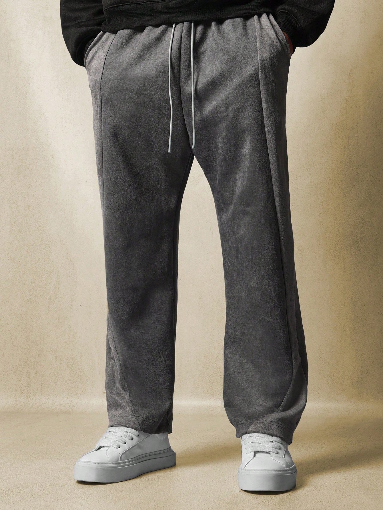 Suedette Straight Fit Contrast Panel Sweatpants With Drawstrings