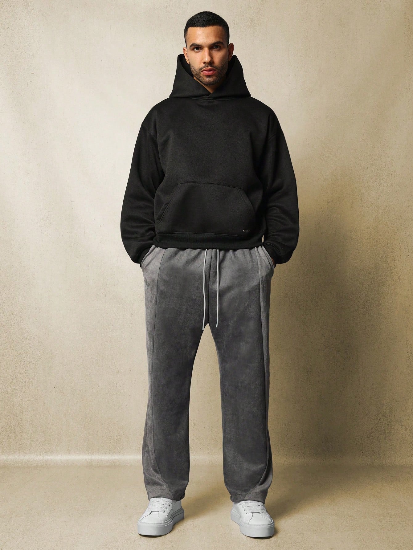 Suedette Straight Fit Contrast Panel Sweatpants With Drawstrings