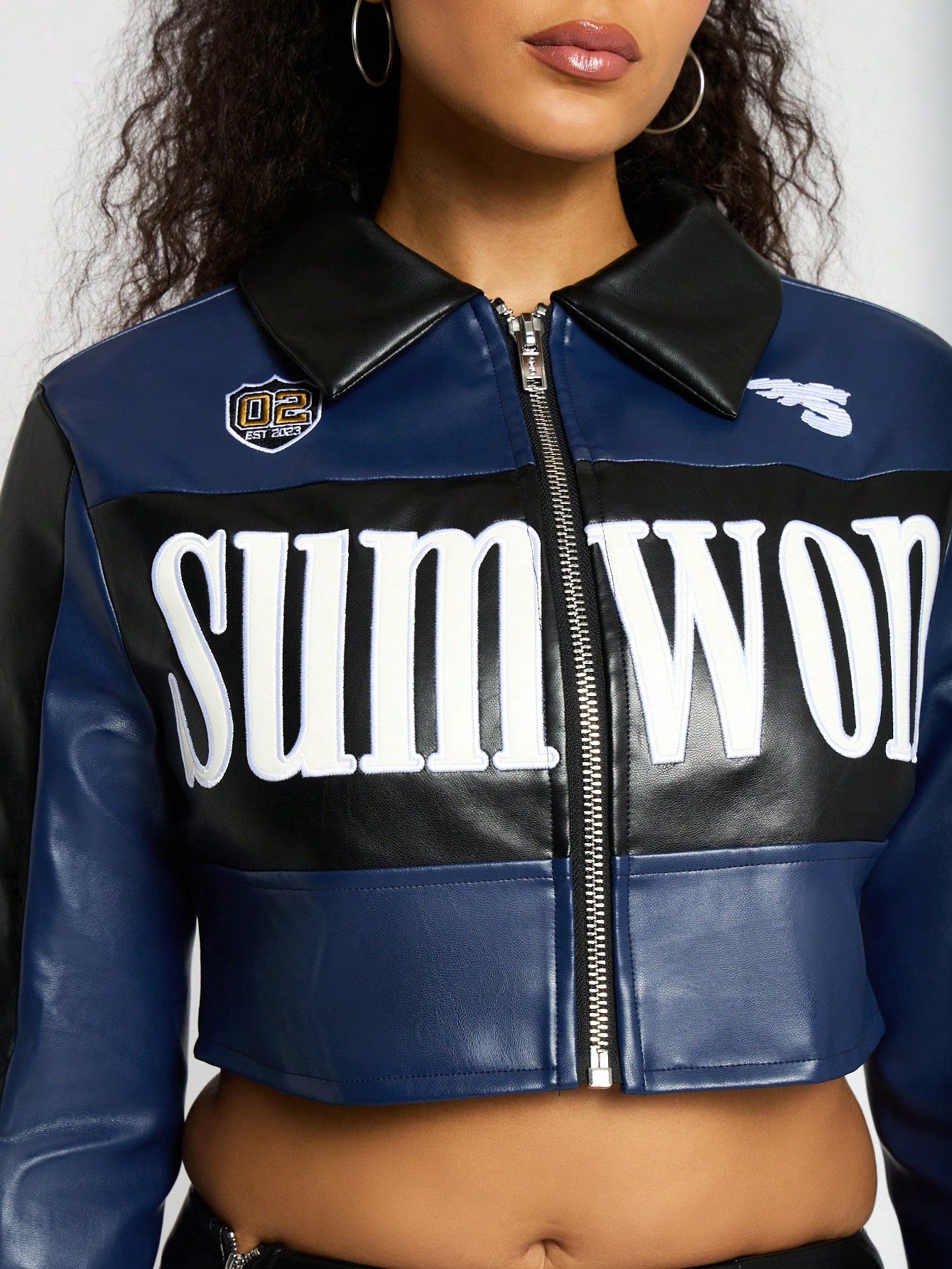 SUMWON WOMEN Faux Leather Logo Cropped Jacket