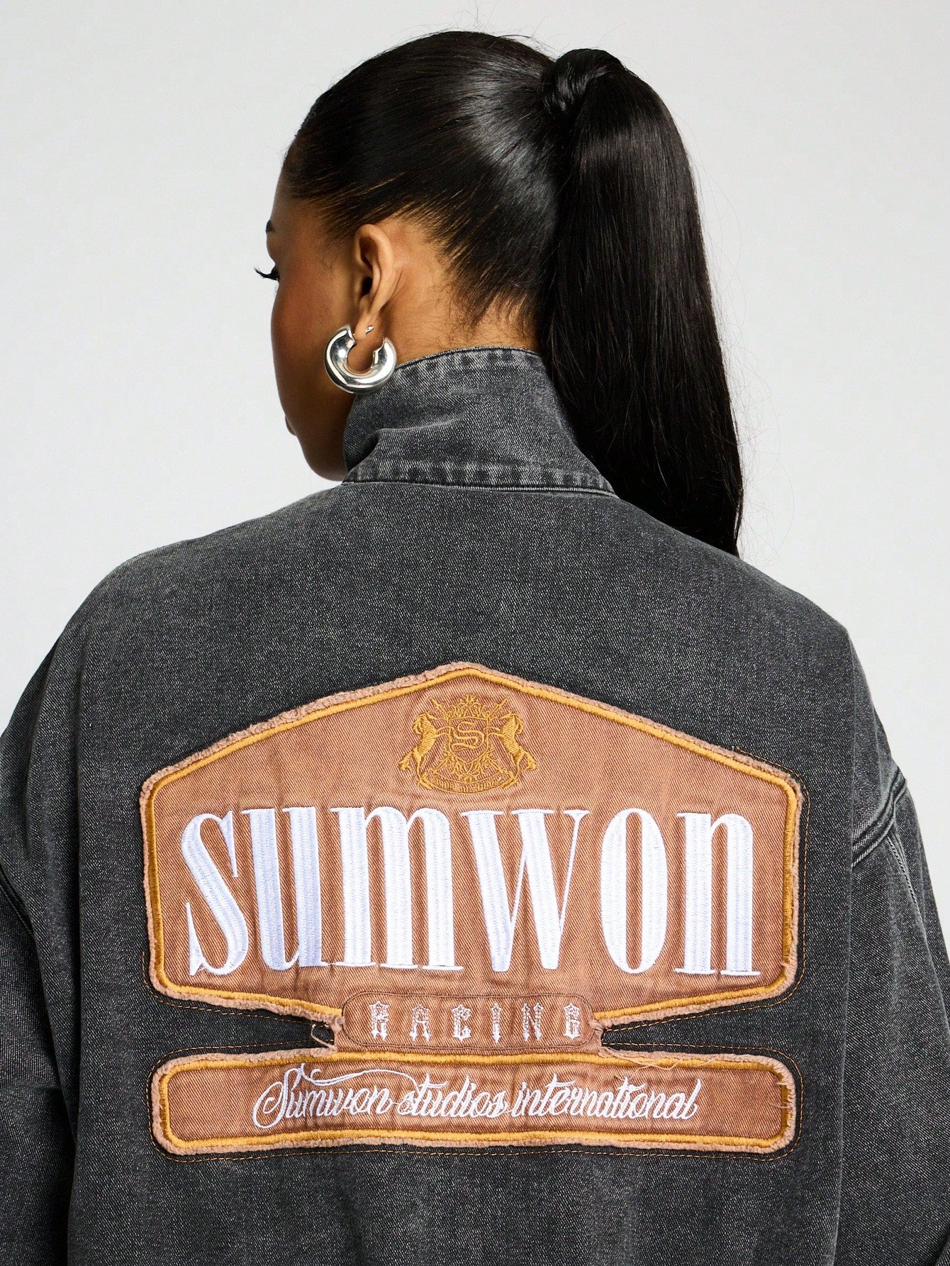 SUMWON WOMEN Washed Oversized Bomber Jacket With Back Applique Detail