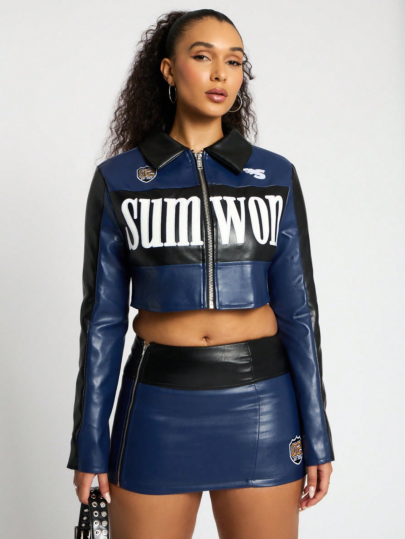 SUMWON WOMEN Faux Leather Logo Cropped Jacket