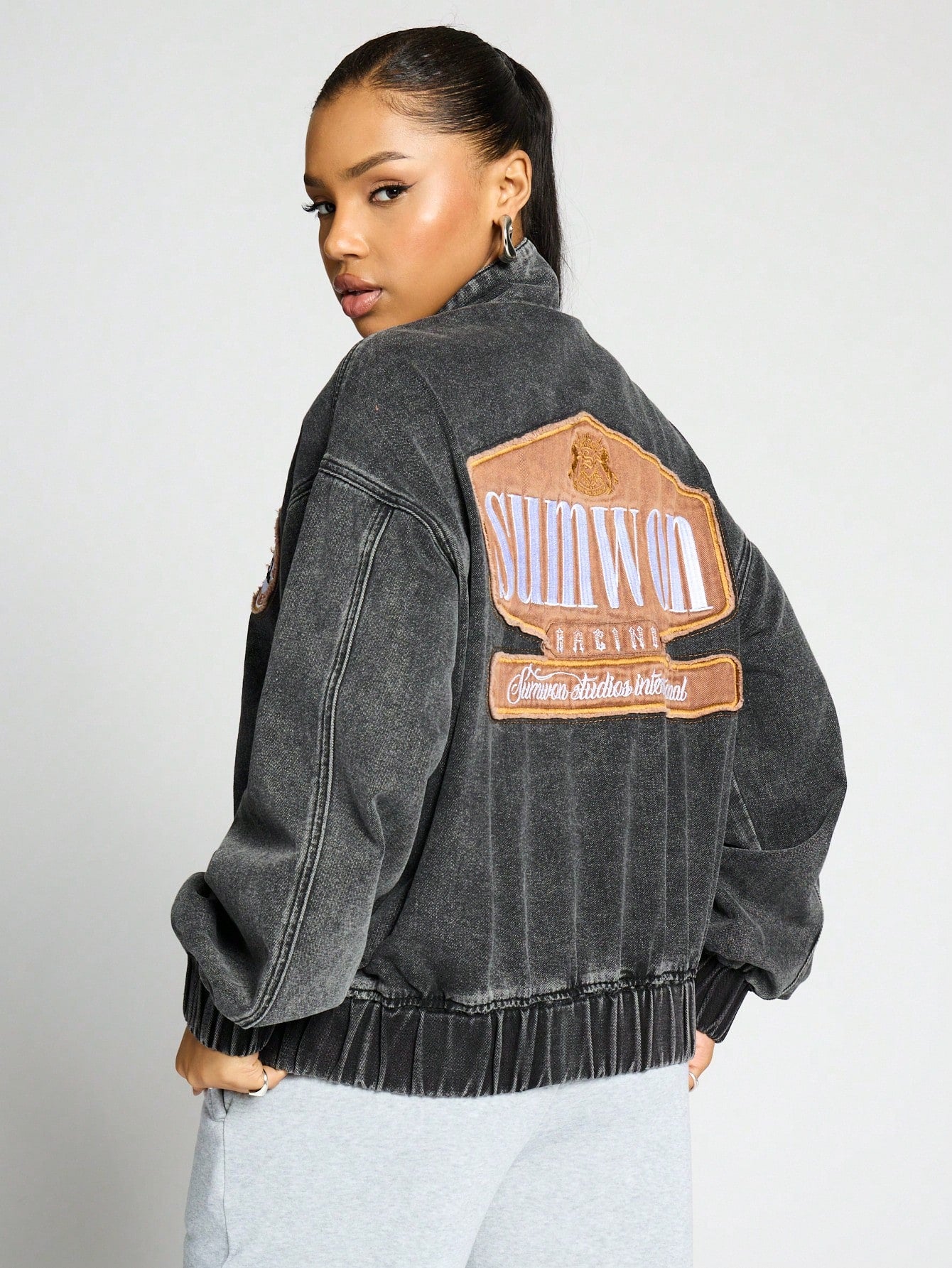 SUMWON WOMEN Washed Oversized Bomber Jacket With Back Applique Detail