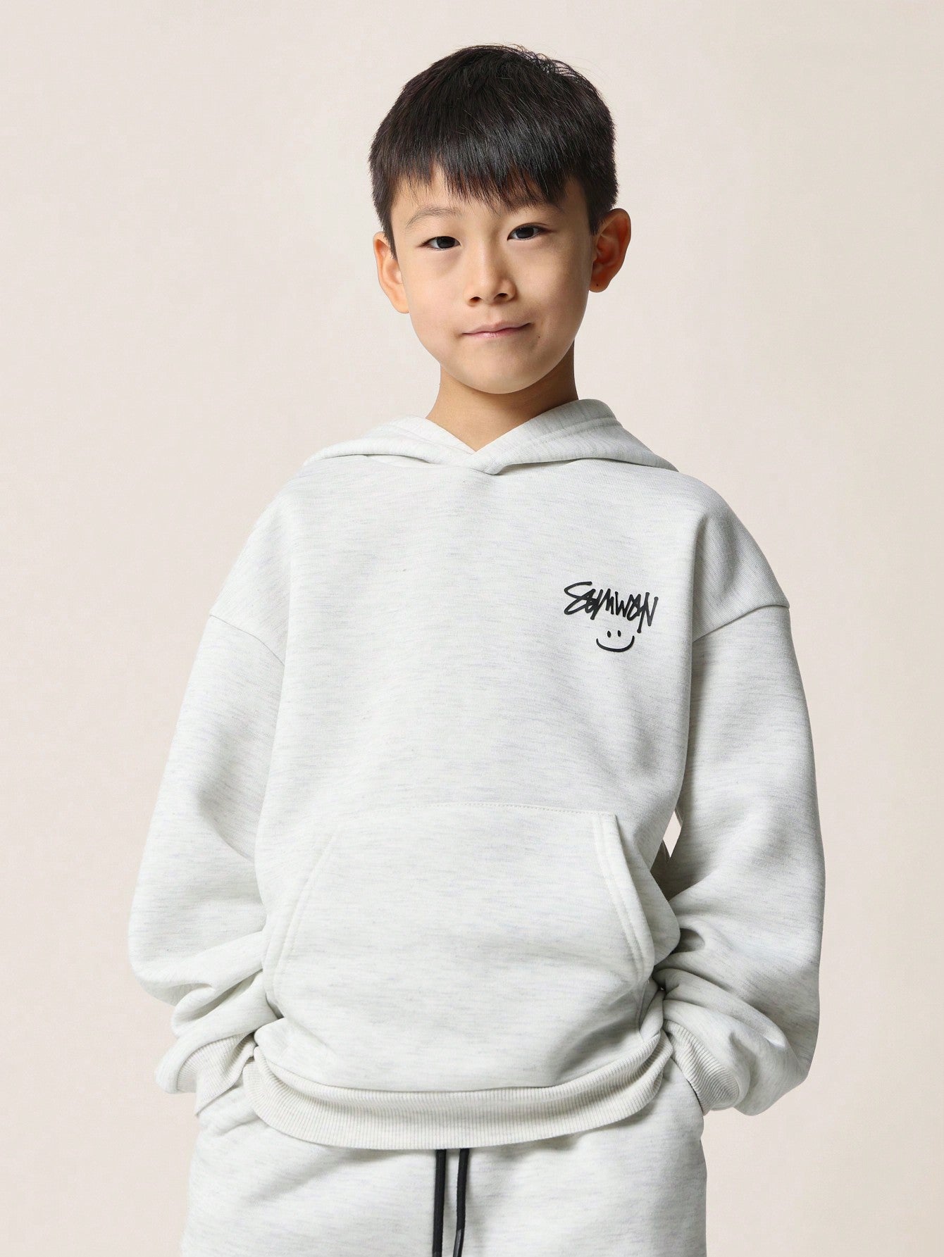 Tween Boys Grey Marl Overhead Hoodie & Drop Crotch Sweatpants With Graphic Print 2 Piece Set