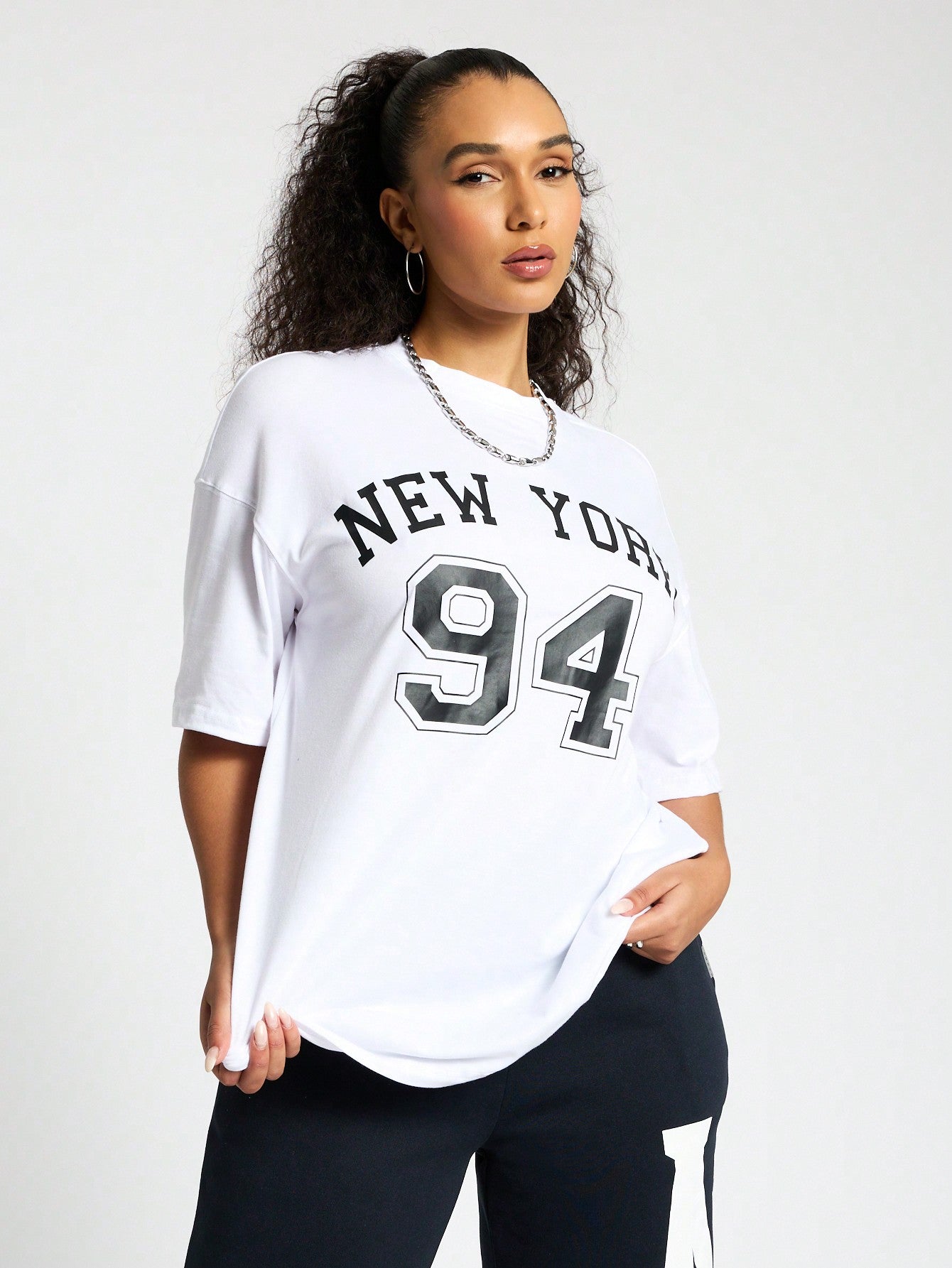 SUMWON WOMEN New York 94 Front Graphic Print Drop Shoulder Oversized T-Shirt