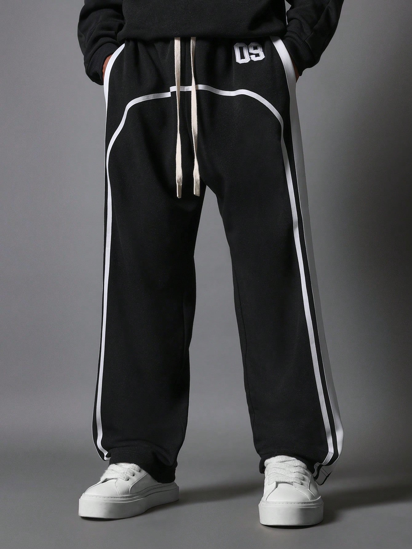 Straight Fit Pull On Drop Crotch Sweatpants With Side Tape & Applique